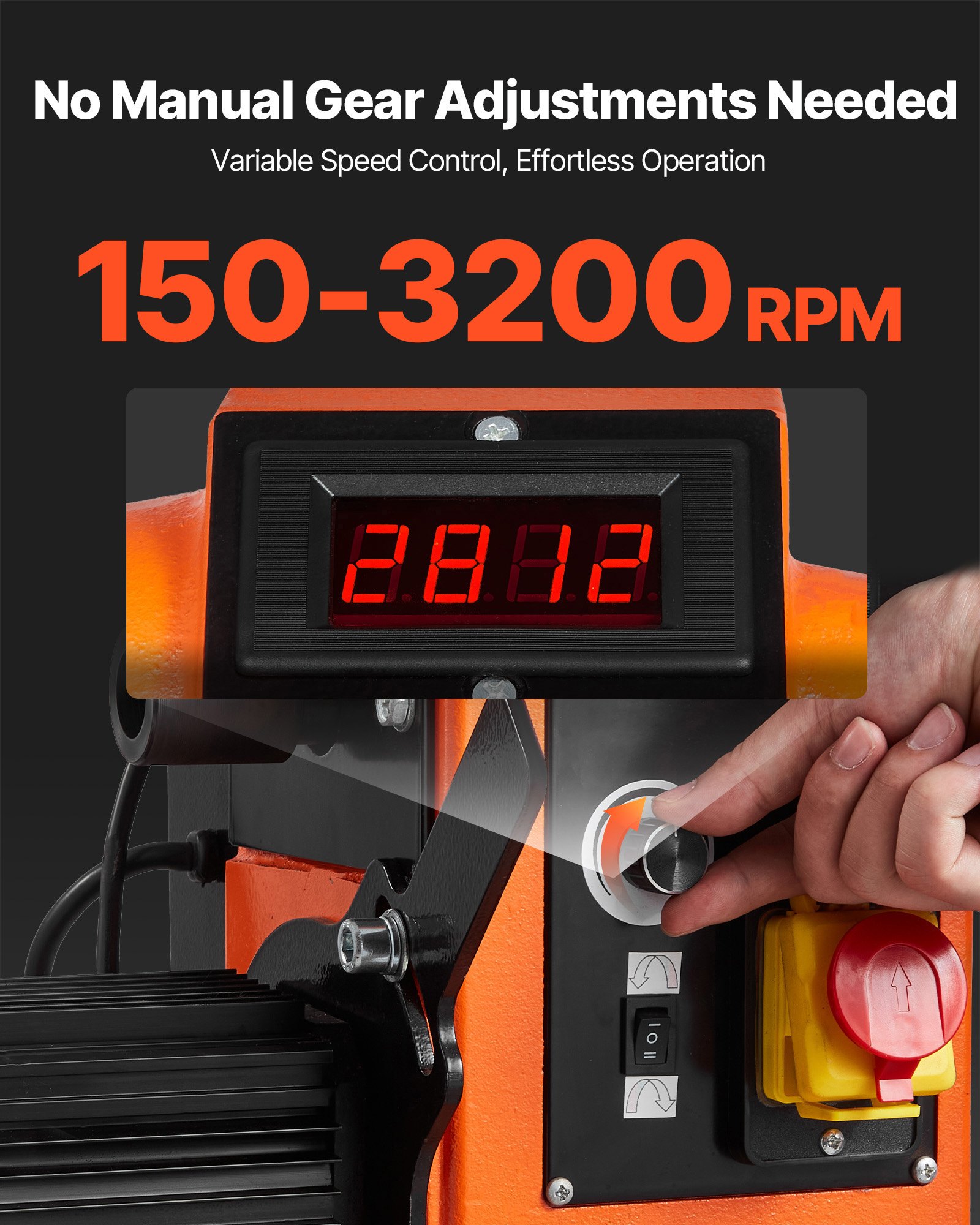 VEVOR 1500 W Torno Vertical de Carpintería con Velocidad Variable de 150 a 3200 RPM, Banco de Trabajo de 457 x 1020 mm, Motor de CC sin Escobillas para Proyectos de Carpintería Medianos y Grandes
