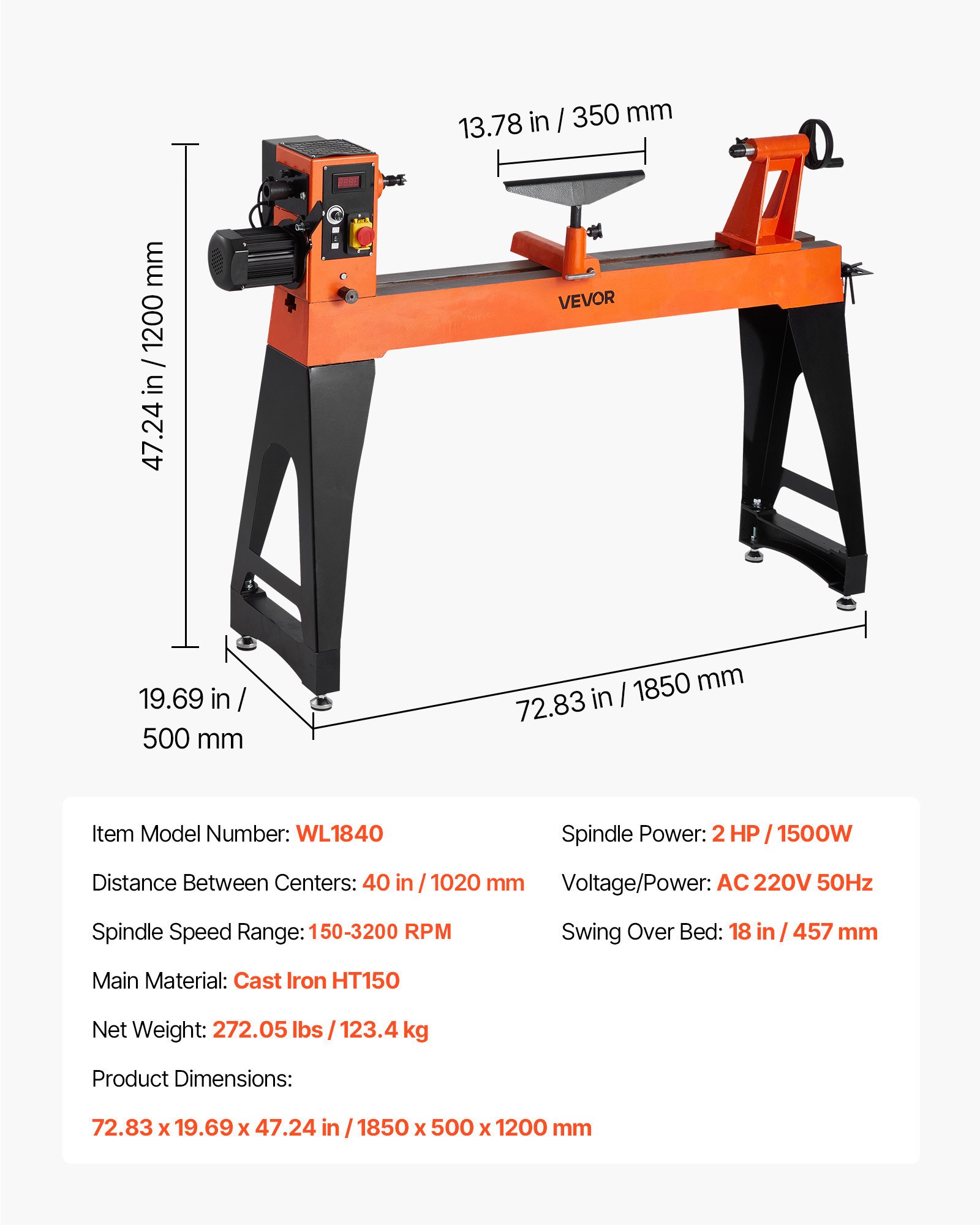 VEVOR 1500 W Torno Vertical de Carpintería con Velocidad Variable de 150 a 3200 RPM, Banco de Trabajo de 457 x 1020 mm, Motor de CC sin Escobillas para Proyectos de Carpintería Medianos y Grandes