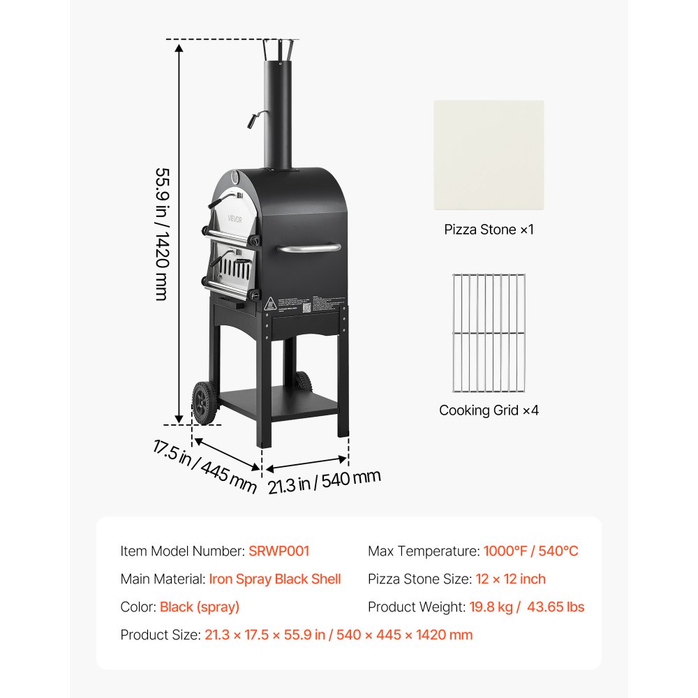 VEVOR Horno de Pizza de Pellets de Leña de 2 Capas, para Exteriores, con 2 Ruedas Extraíbles, Máquina para Hacer Pizzas con Una Temperatura Máxima de 540 °C para Asar, 540 x 445 x 1420 mm, Negro