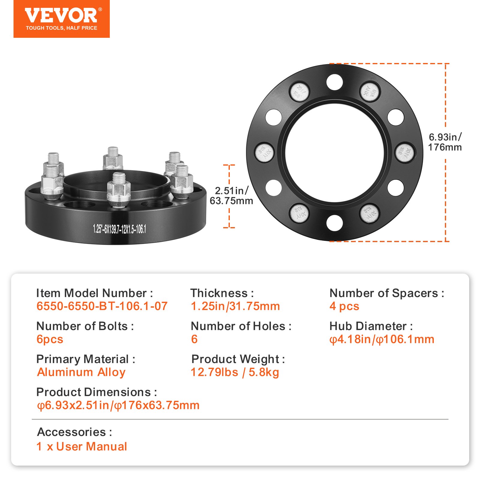 Espaciadores de rueda VEVOR, adaptadores de rueda de 1,25" 6" x 5", espaciador forjado de 6 espárragos, espaciadores de pernos centrados en el eje de 106,1 mm M12 x 1,5, aptos para Toyota y Lexus 1979-2023, 4 piezas azules