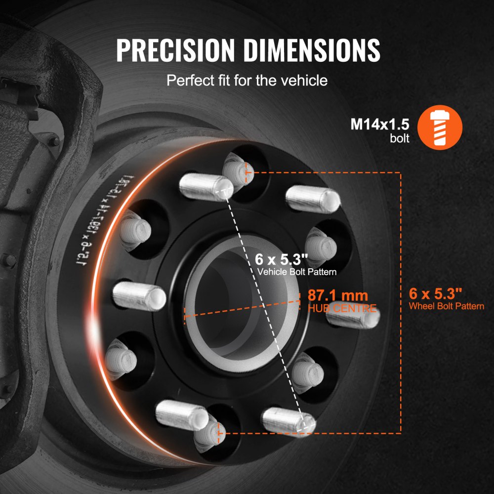 Espaciadores de rueda VEVOR, adaptadores de rueda de 1,5" 6" x 5,3", espaciador forjado de 6 espárragos, espaciadores de pernos centrados en el eje de 87,1 mm M14 x 1,5, aptos para Ford F150, Expedition, Lobo, Navigator, 4 piezas negras
