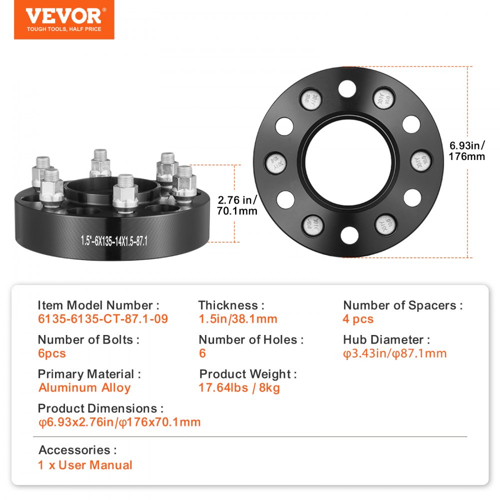 Espaciadores de rueda VEVOR, adaptadores de rueda de 1,5" 6" x 5,3", espaciador forjado de 6 espárragos, espaciadores de pernos centrados en el eje de 87,1 mm M14 x 1,5, aptos para Ford F150, Expedition, Lobo, Navigator, 4 piezas negras