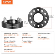 VEVOR Espaciadores de Rueda Forjados de φ 176 x 70,1 mm 6 Espárragos 4 uds Negro