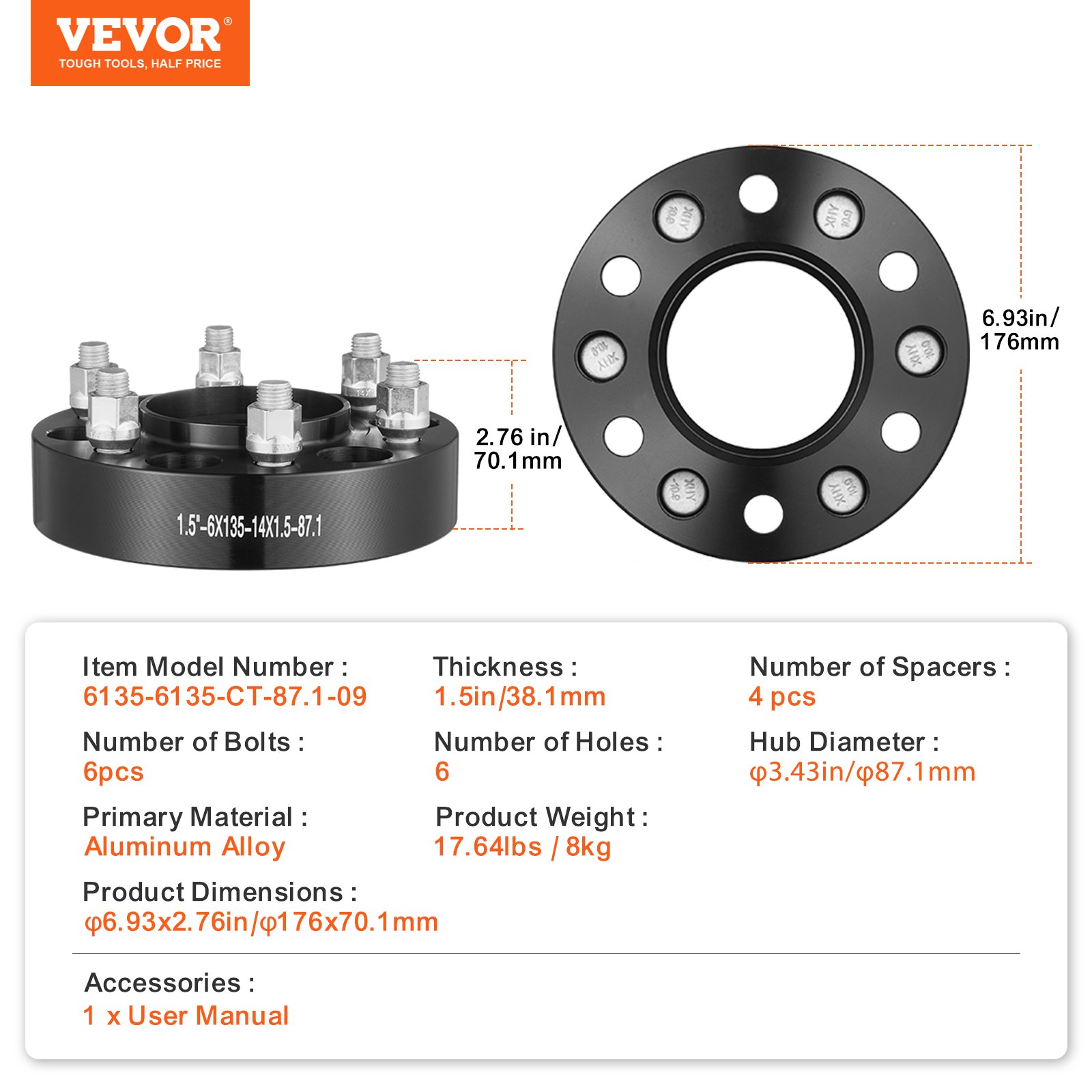 Espaciadores de rueda VEVOR, adaptadores de rueda de 1,5" 6" x 5,3", espaciador forjado de 6 espárragos, espaciadores de pernos centrados en el eje de 87,1 mm M14 x 1,5, aptos para Ford F150, Expedition, Lobo, Navigator, 4 piezas negras