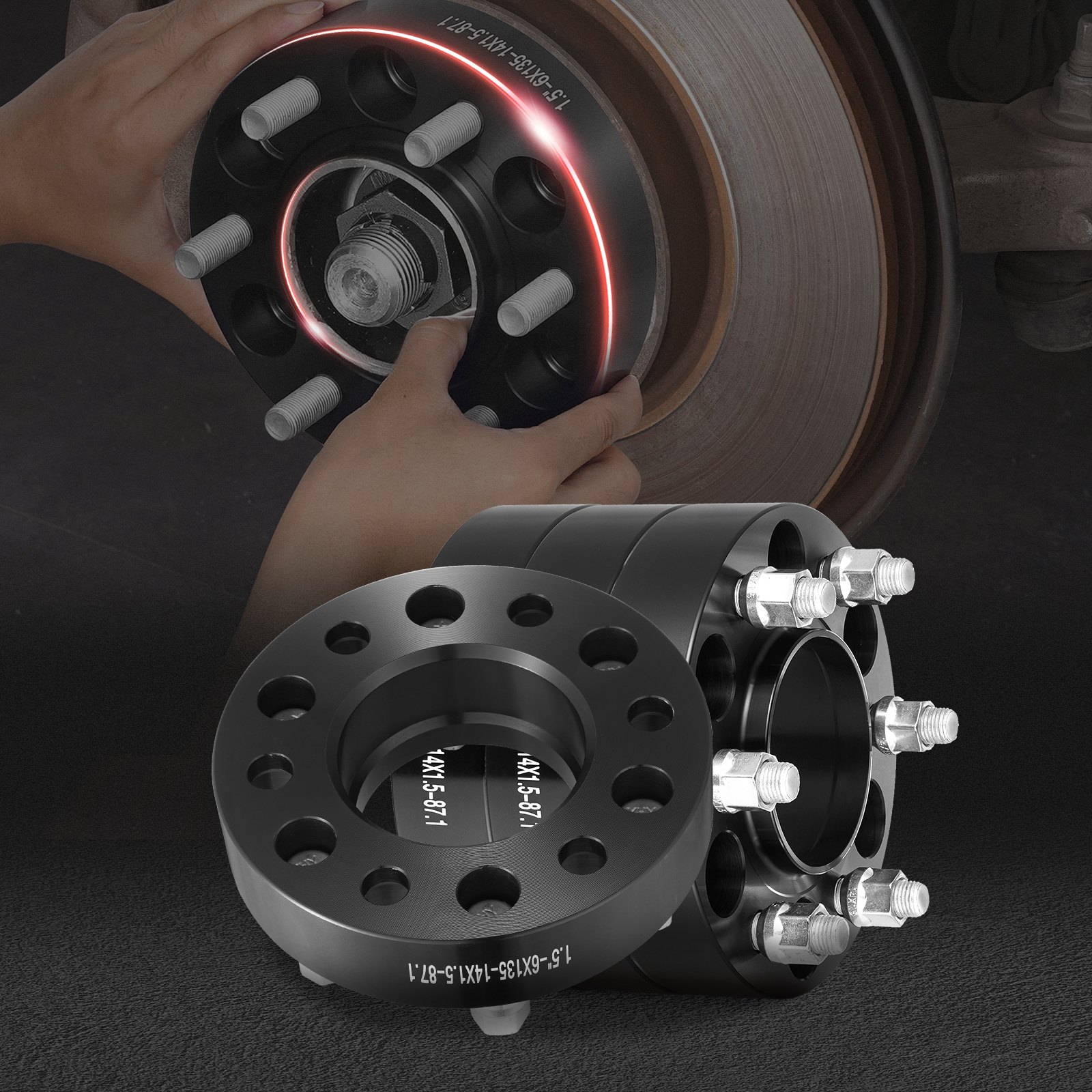 Espaciadores de rueda VEVOR, adaptadores de rueda de 1,5" 6" x 5,3", espaciador forjado de 6 espárragos, espaciadores de pernos centrados en el eje de 87,1 mm M14 x 1,5, aptos para Ford F150, Expedition, Lobo, Navigator, 4 piezas negras
