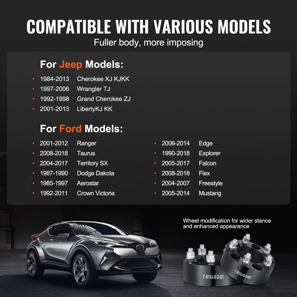 Espaciadores de rueda VEVOR, adaptadores de rueda de 2" 5" x 4,5", espaciador forjado de 5 espárragos, espaciadores de pernos de 1/2"-20 con centro de orificio de 82,5 mm, aptos para Jeep y Ford 1984-2018, 4 piezas negras