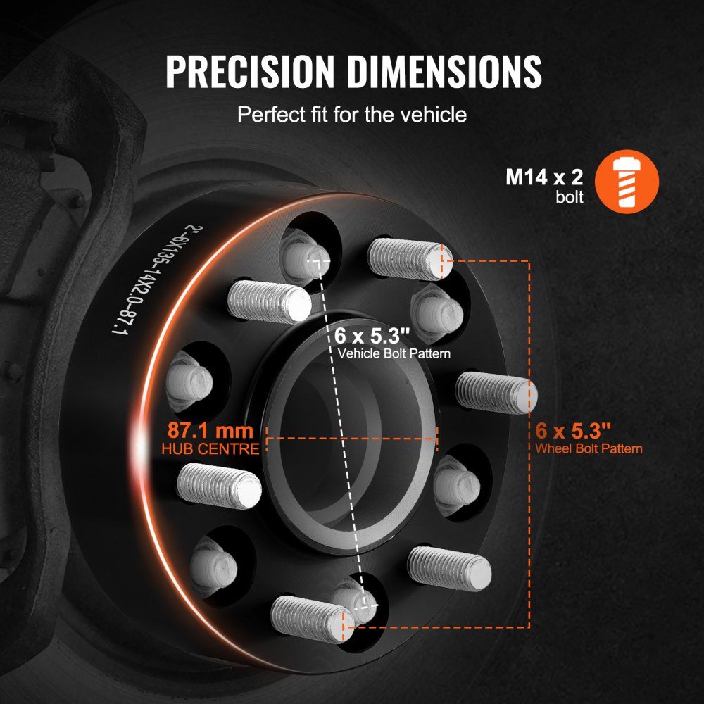 Espaciadores de rueda VEVOR, adaptadores de rueda de 2" 6"x5.3", espaciador forjado de 6 lengüetas, espaciadores de pernos Hubcentric M14 x2 de orificio de 87,1 mm, aptos para Ford Expedition, F150, Lincoln Navigator, 4 piezas negro