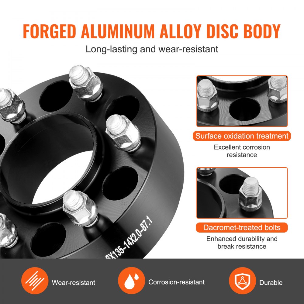 Espaciadores de rueda VEVOR, adaptadores de rueda de 2" 6"x5.3", espaciador forjado de 6 lengüetas, espaciadores de pernos Hubcentric M14 x2 de orificio de 87,1 mm, aptos para Ford Expedition, F150, Lincoln Navigator, 4 piezas negro