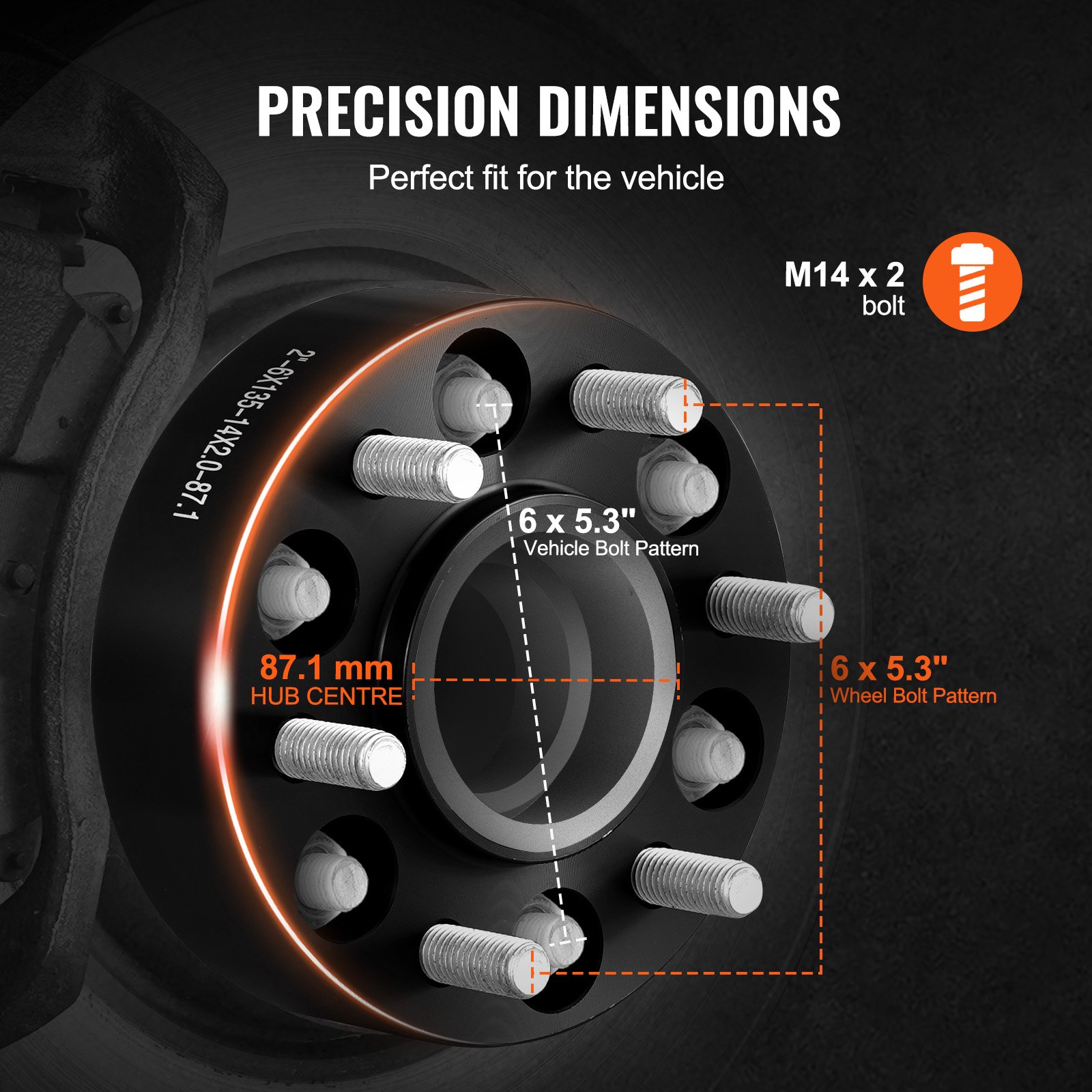 Espaciadores de rueda VEVOR, adaptadores de rueda de 2" 6"x5.3", espaciador forjado de 6 lengüetas, espaciadores de pernos Hubcentric M14 x2 de orificio de 87,1 mm, aptos para Ford Expedition, F150, Lincoln Navigator, 4 piezas negro