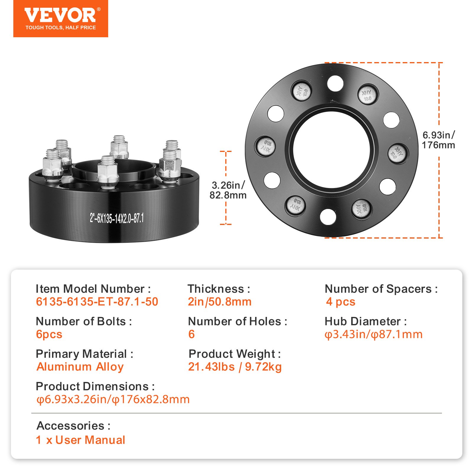 Espaciadores de rueda VEVOR, adaptadores de rueda de 2" 6"x5.3", espaciador forjado de 6 lengüetas, espaciadores de pernos Hubcentric M14 x2 de orificio de 87,1 mm, aptos para Ford Expedition, F150, Lincoln Navigator, 4 piezas negro