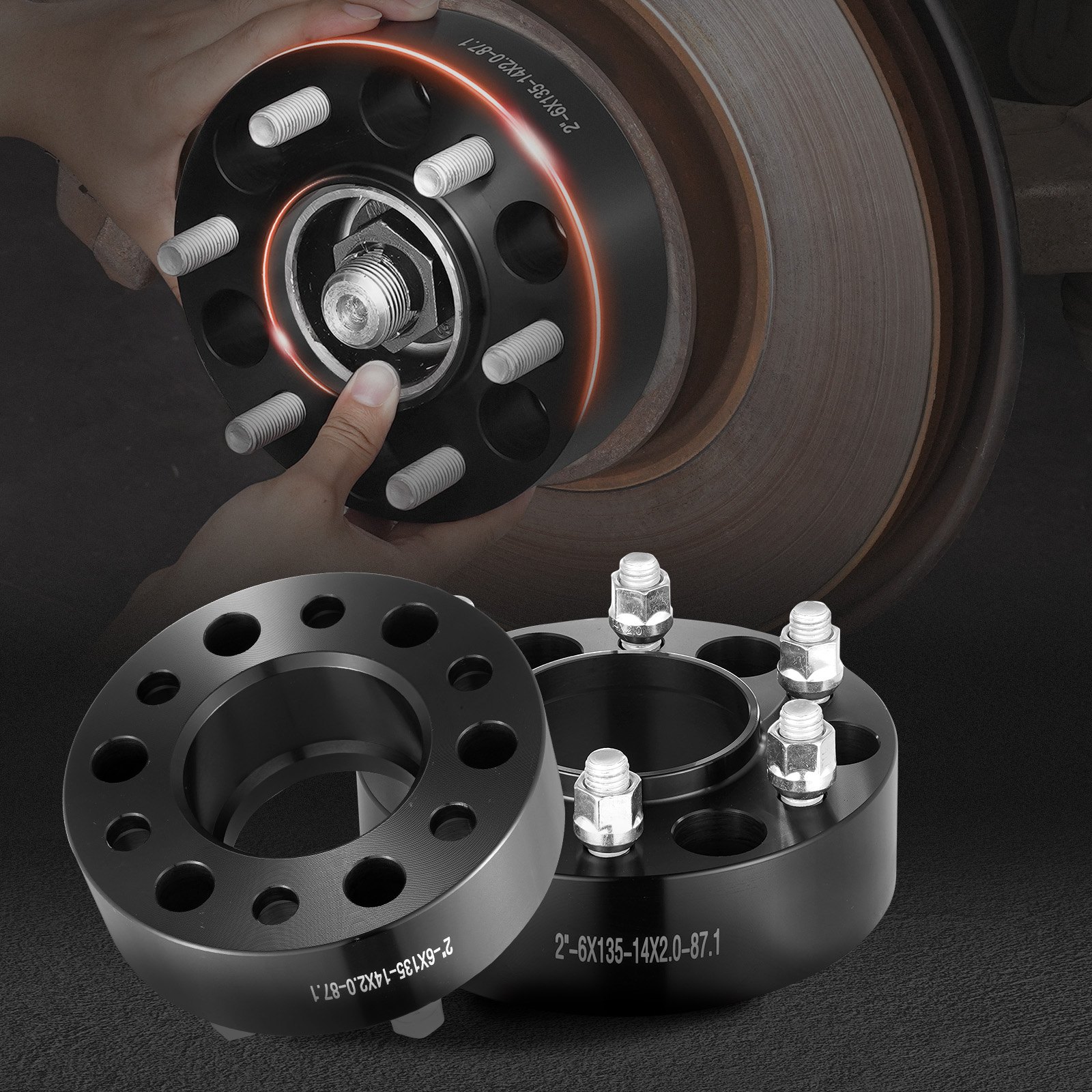 Espaciadores de rueda VEVOR, adaptadores de rueda de 2" 6"x5.3", espaciador forjado de 6 lengüetas, espaciadores de pernos Hubcentric M14 x2 de orificio de 87,1 mm, aptos para Ford Expedition, F150, Lincoln Navigator, 4 piezas negro