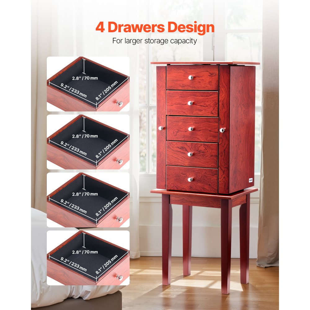 VEVOR Armario Joyero de Pie con 4 Cajones Armario de Madera para Guardar Joyas Espejo Abatible, 4 Compartimentos Superiores, 2 Puertas Laterales, con 16 Ganchos para Collares, 390 x 300 x 995 mm