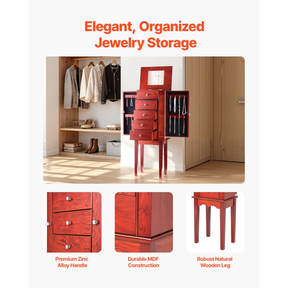 VEVOR Armario Joyero de Pie con 4 Cajones Armario de Madera para Guardar Joyas Espejo Abatible, 4 Compartimentos Superiores, 2 Puertas Laterales, con 16 Ganchos para Collares, 390 x 300 x 995 mm
