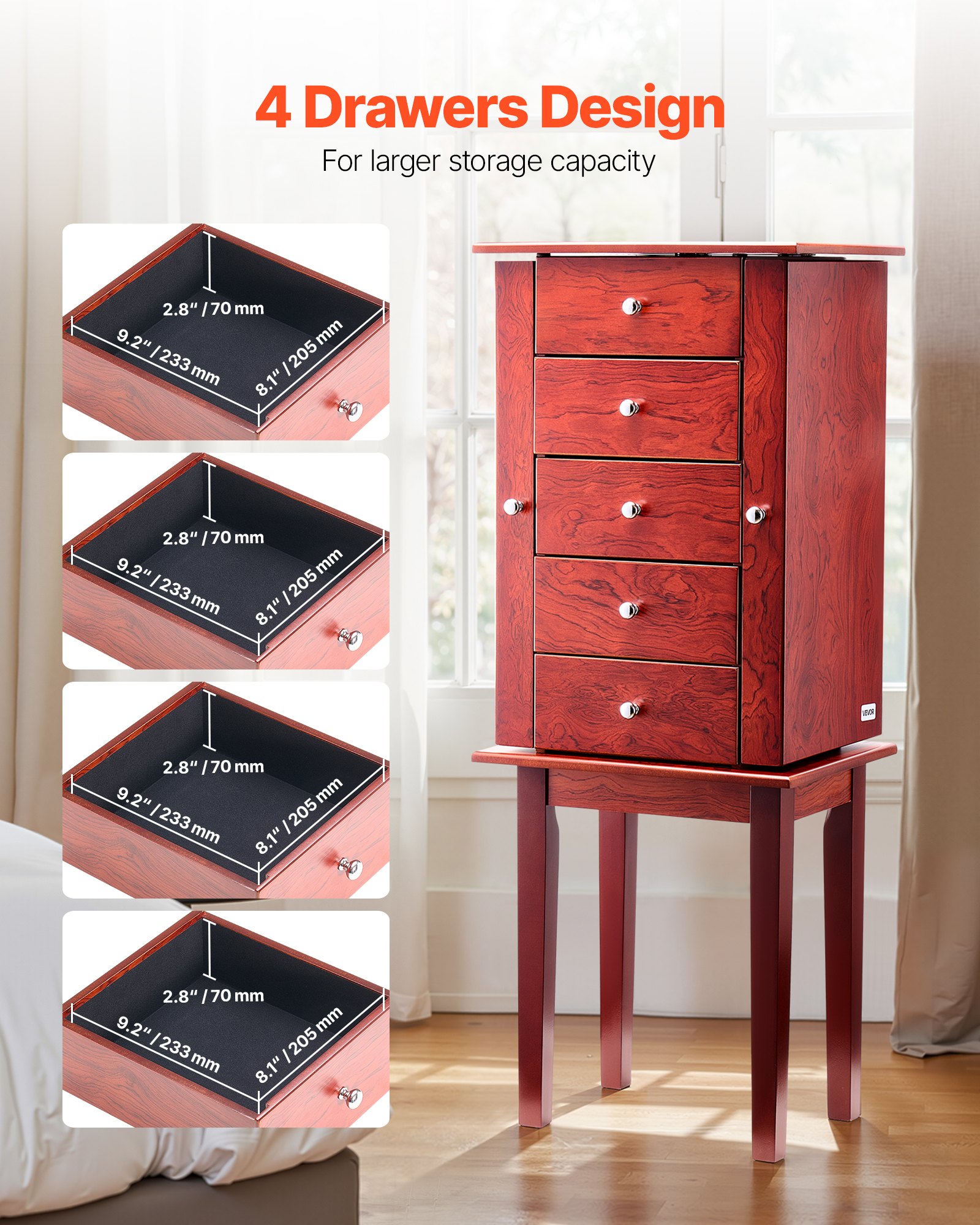VEVOR Armario Joyero de Pie con 4 Cajones Armario de Madera para Guardar Joyas Espejo Abatible, 4 Compartimentos Superiores, 2 Puertas Laterales, con 16 Ganchos para Collares, 390 x 300 x 995 mm