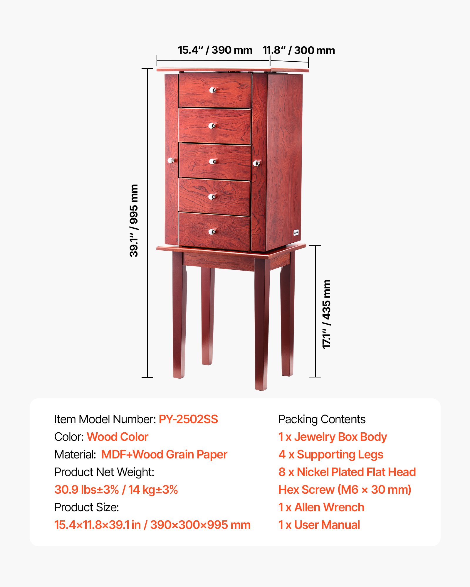 VEVOR Armario Joyero de Pie con 4 Cajones Armario de Madera para Guardar Joyas Espejo Abatible, 4 Compartimentos Superiores, 2 Puertas Laterales, con 16 Ganchos para Collares, 390 x 300 x 995 mm