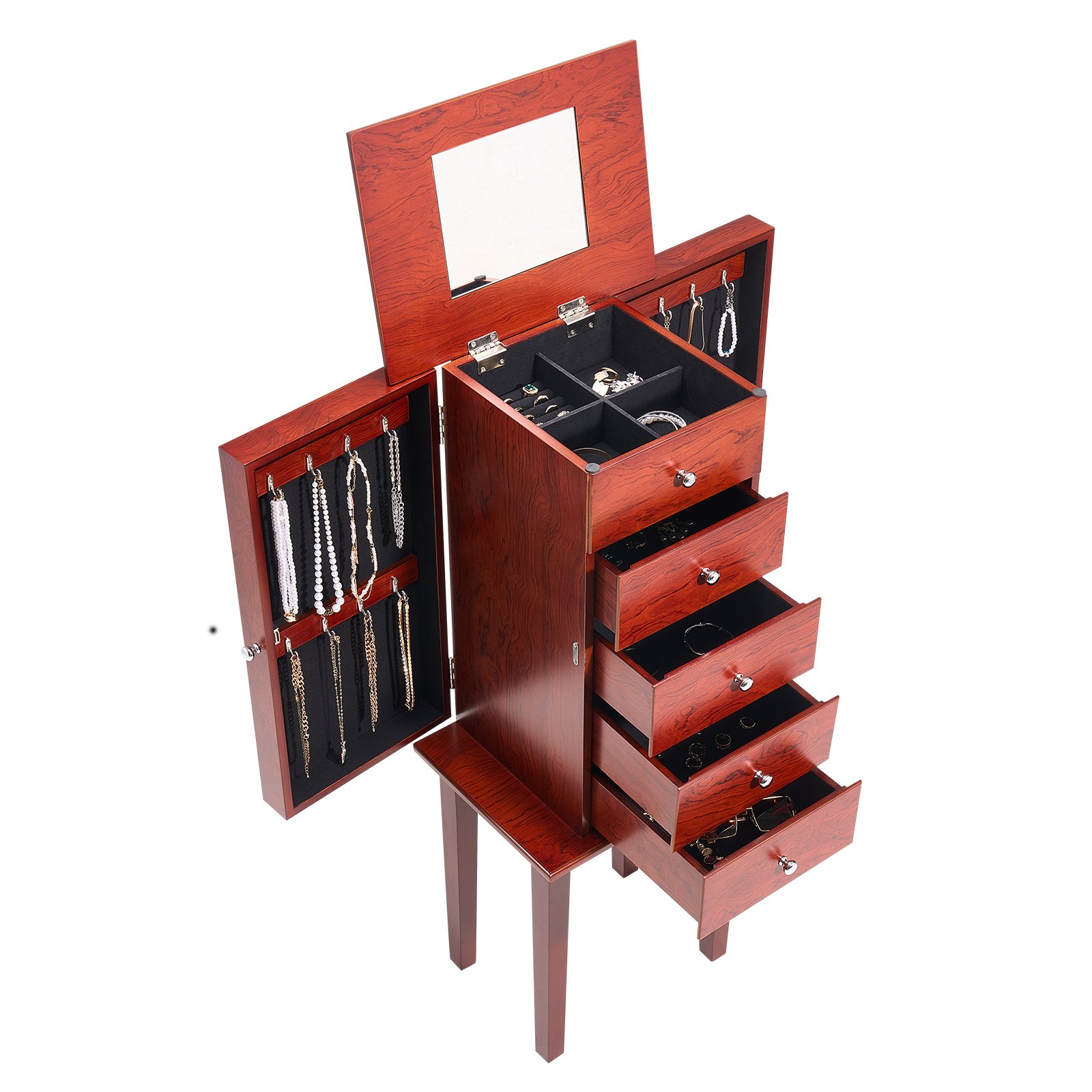 VEVOR Armario Joyero de Pie con 4 Cajones Armario de Madera para Guardar Joyas Espejo Abatible, 4 Compartimentos Superiores, 2 Puertas Laterales, con 16 Ganchos para Collares, 390 x 300 x 995 mm