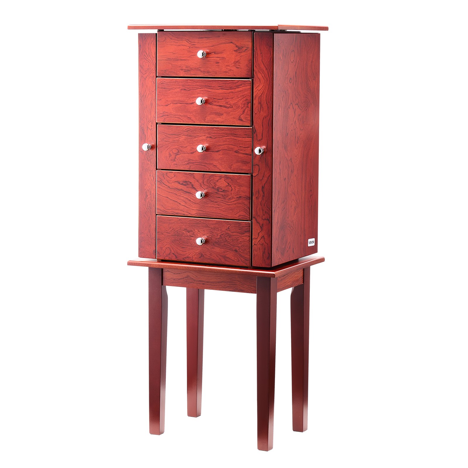 VEVOR Armario Joyero de Pie con 4 Cajones Armario de Madera para Guardar Joyas Espejo Abatible, 4 Compartimentos Superiores, 2 Puertas Laterales, con 16 Ganchos para Collares, 390 x 300 x 995 mm