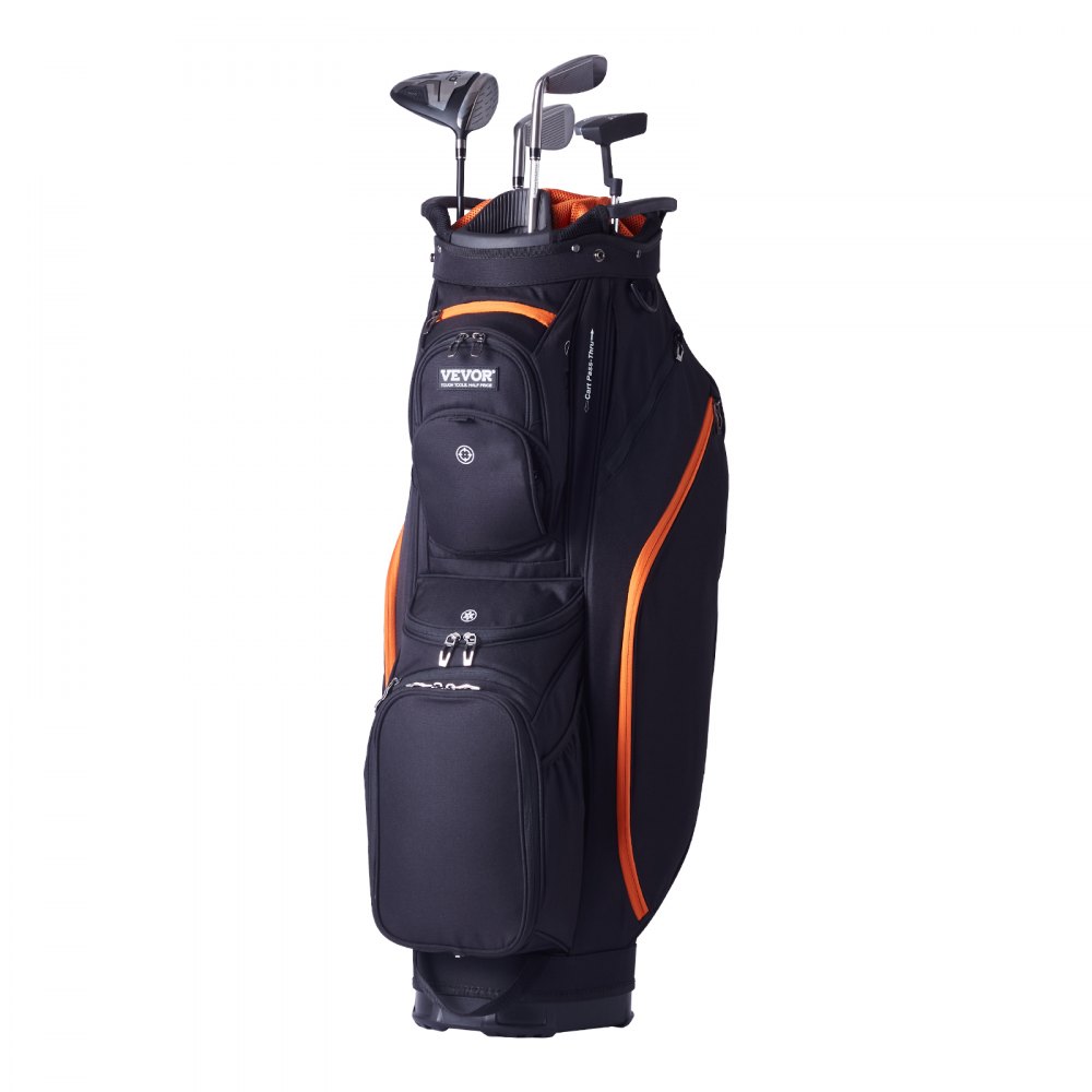 Bolsa para carrito de golf VEVOR negra con detalles en naranja, múltiples bolsillos con cremallera y palos dentro de las mangas superiores.