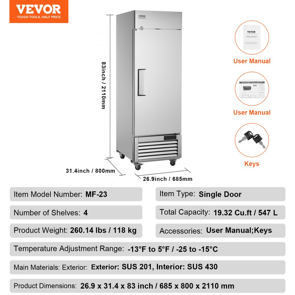 VEVOR Commercial Freezer 570 L, Single Door Freezer, Stainless Steel Freezer with Automatic Defrost, 3 Adjustable Shelves, Temperature Control from -25 to -15 ℃ and 4 Wheels