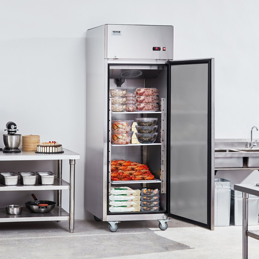 VEVOR Congelador Comercial de 570 L, Congelador Vertical de Una Sola Puerta, Congelador de Acero Inoxidable con Descongelación Automática con 3 Estantes Ajustables, -25 a -15 °C, 685 x 800 x 2110 mm