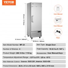 VEVOR Congelador Comercial de 570 L, Congelador Vertical de Una Sola Puerta, Congelador de Acero Inoxidable con Descongelación Automática con 3 Estantes Ajustables, -25 a -15 °C, 685 x 800 x 2110 mm