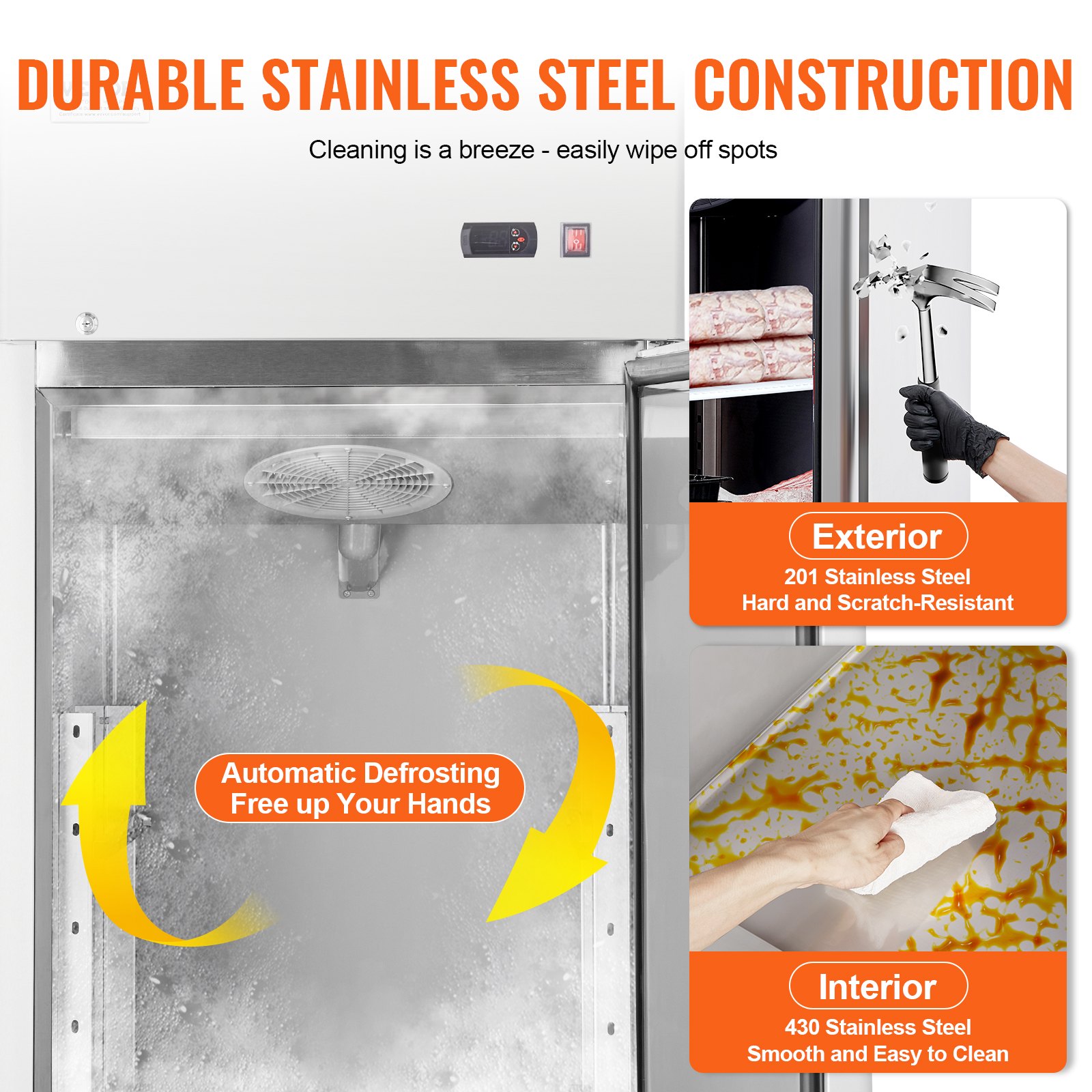 VEVOR Congelador Comercial de 570 L, Congelador Vertical de Una Sola Puerta, Congelador de Acero Inoxidable con Descongelación Automática con 3 Estantes Ajustables, -25 a -15 °C, 685 x 800 x 2110 mm