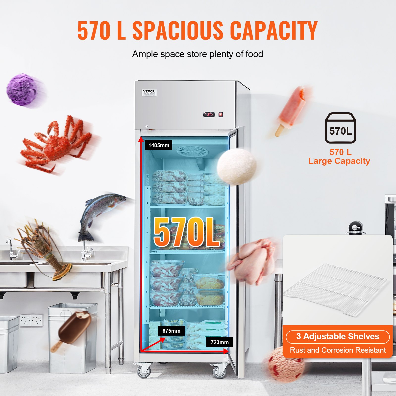 VEVOR Congelador Comercial de 570 L, Congelador Vertical de Una Sola Puerta, Congelador de Acero Inoxidable con Descongelación Automática con 3 Estantes Ajustables, -25 a -15 °C, 685 x 800 x 2110 mm