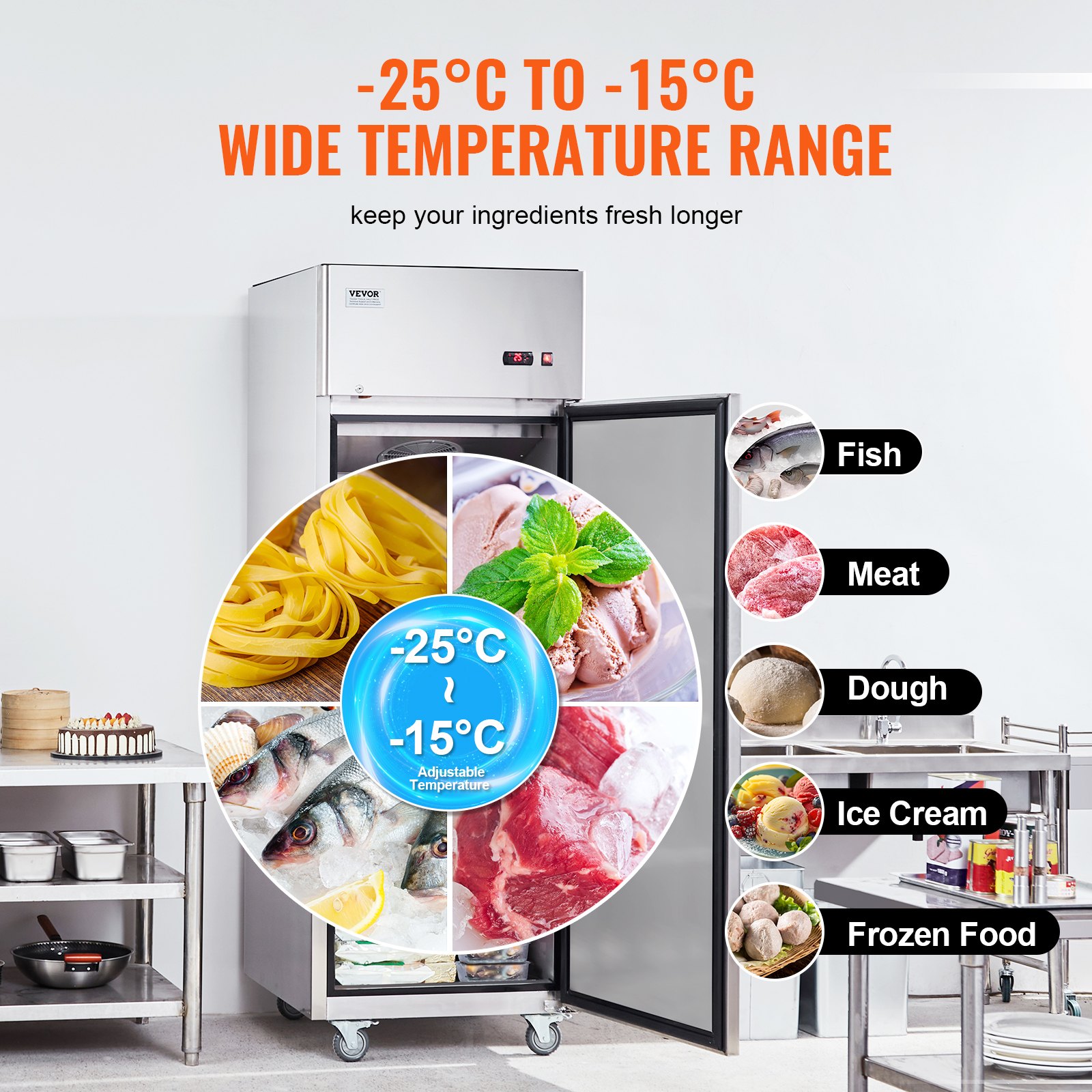 VEVOR Congelador Comercial de 570 L, Congelador Vertical de Una Sola Puerta, Congelador de Acero Inoxidable con Descongelación Automática con 3 Estantes Ajustables, -25 a -15 °C, 685 x 800 x 2110 mm