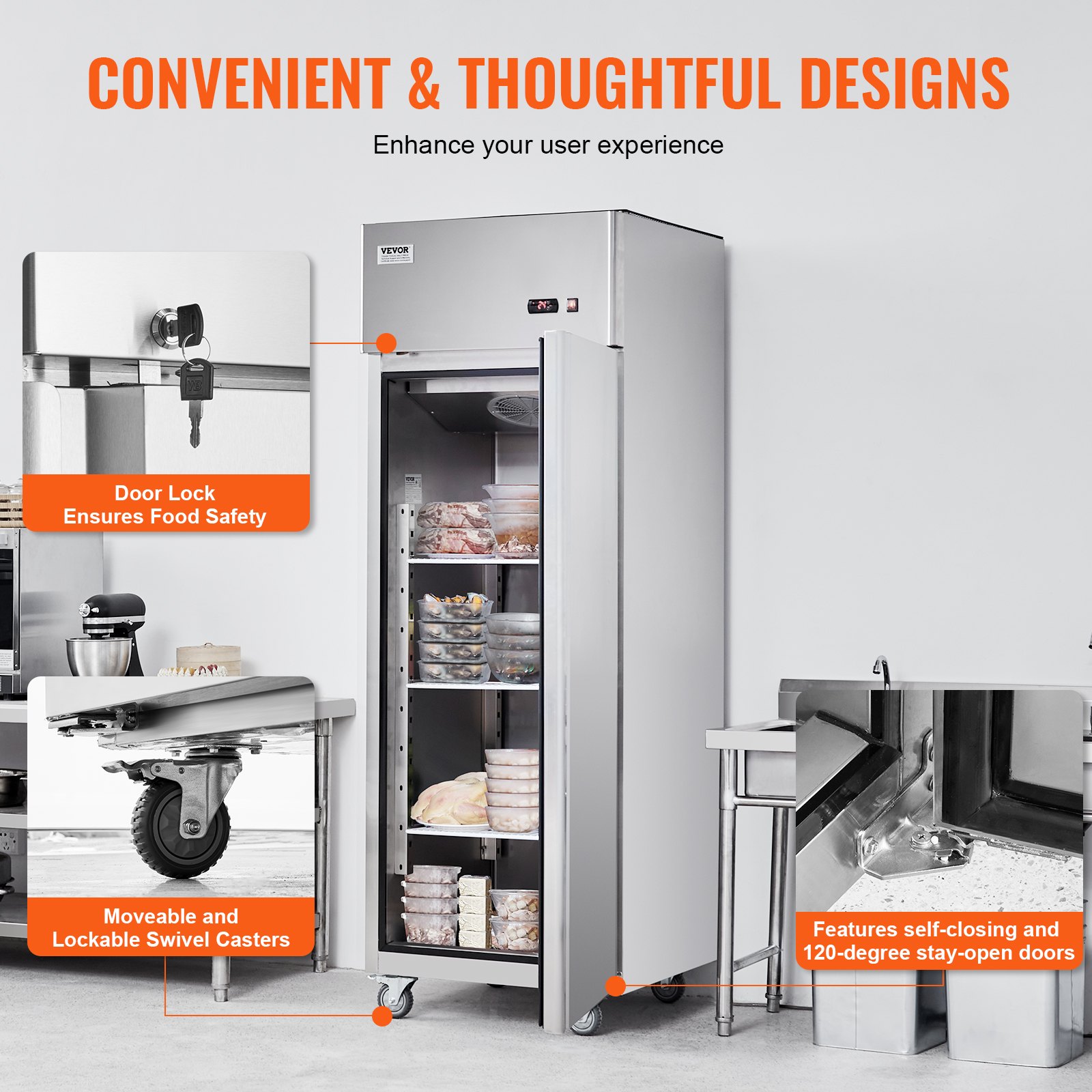 VEVOR Congelador Comercial de 570 L, Congelador Vertical de Una Sola Puerta, Congelador de Acero Inoxidable con Descongelación Automática con 3 Estantes Ajustables, -25 a -15 °C, 685 x 800 x 2110 mm