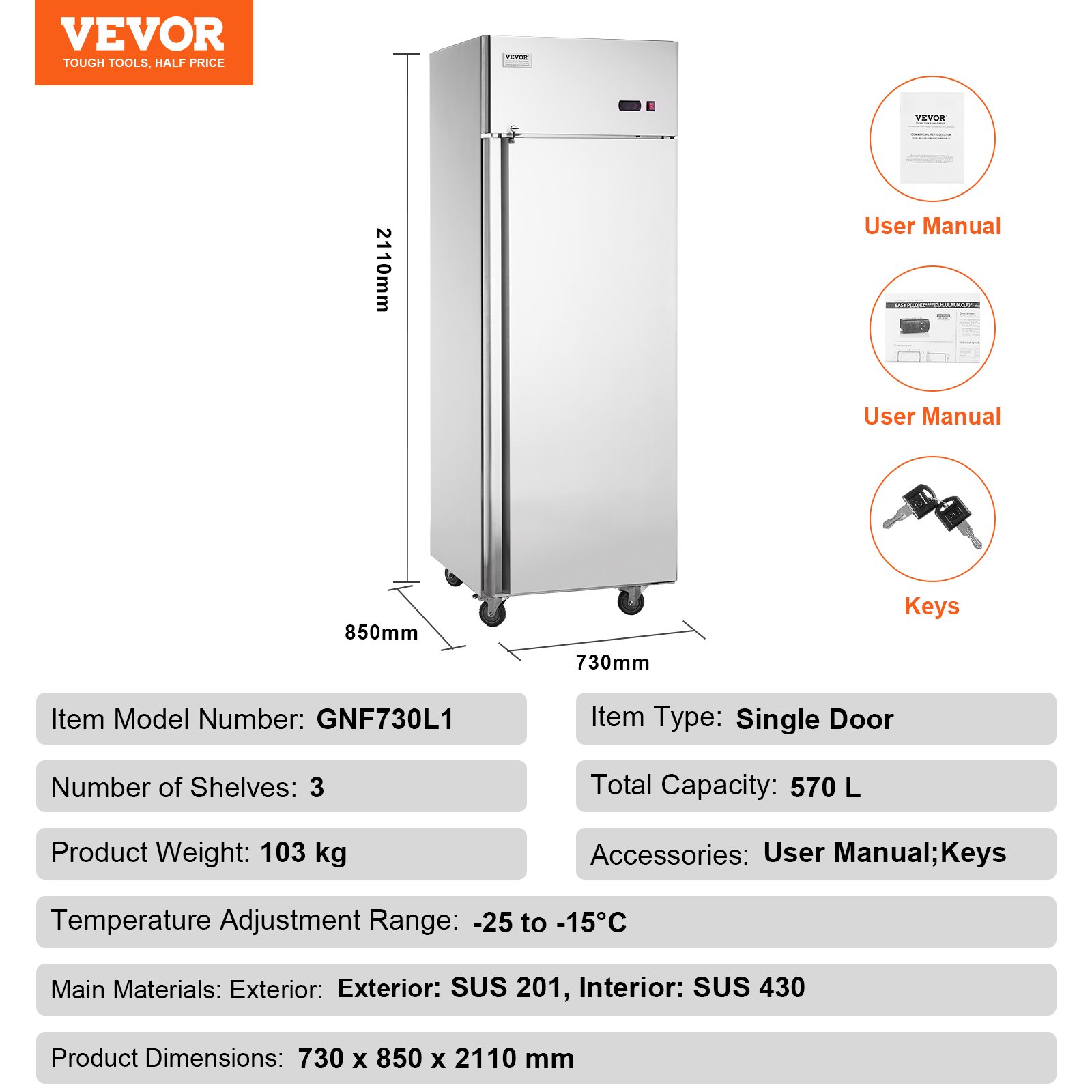 VEVOR Congelador Comercial de 570 L, Congelador Vertical de Una Sola Puerta, Congelador de Acero Inoxidable con Descongelación Automática con 3 Estantes Ajustables, -25 a -15 °C, 685 x 800 x 2110 mm