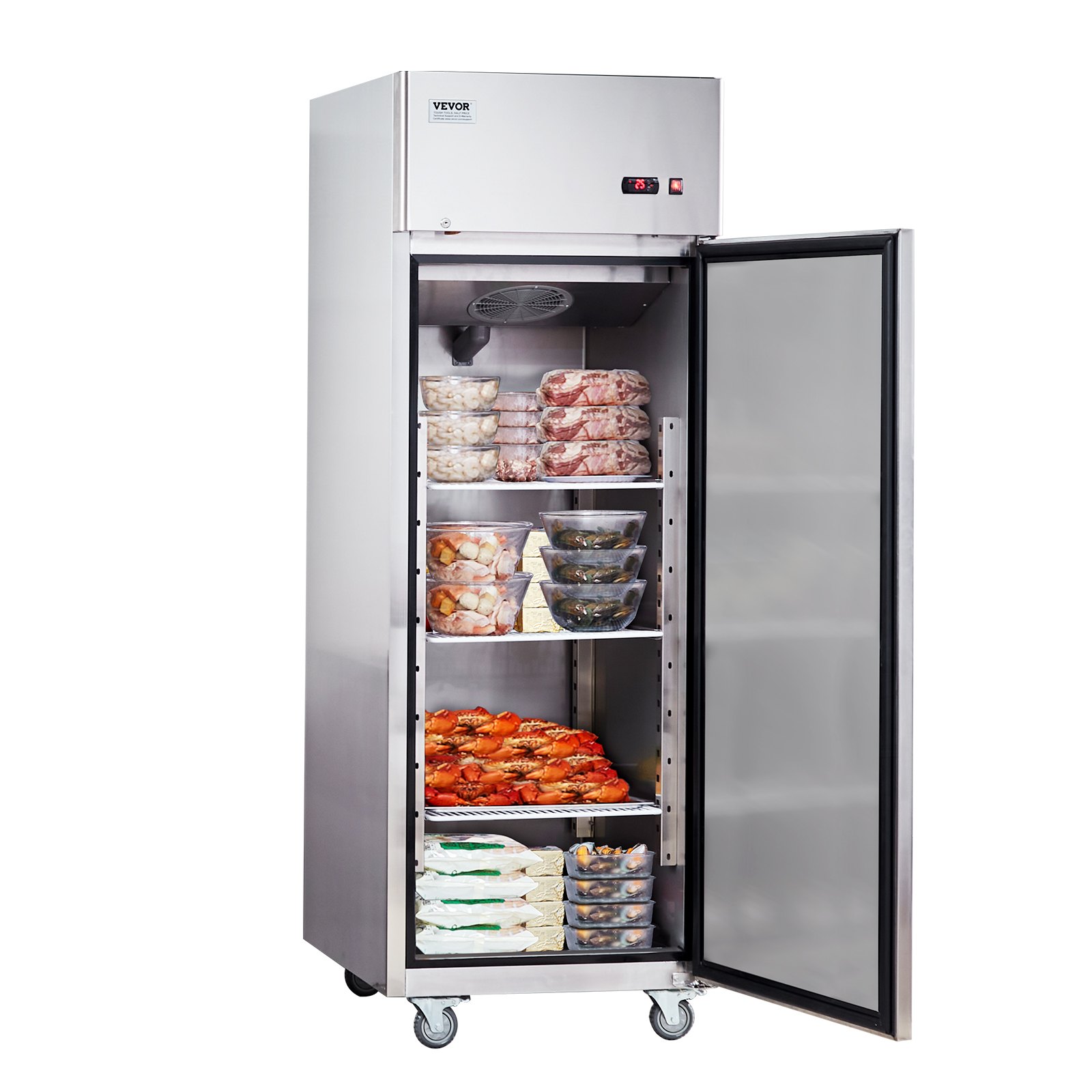 VEVOR Congelador Comercial de 570 L, Congelador Vertical de Una Sola Puerta, Congelador de Acero Inoxidable con Descongelación Automática con 3 Estantes Ajustables, -25 a -15 °C, 685 x 800 x 2110 mm