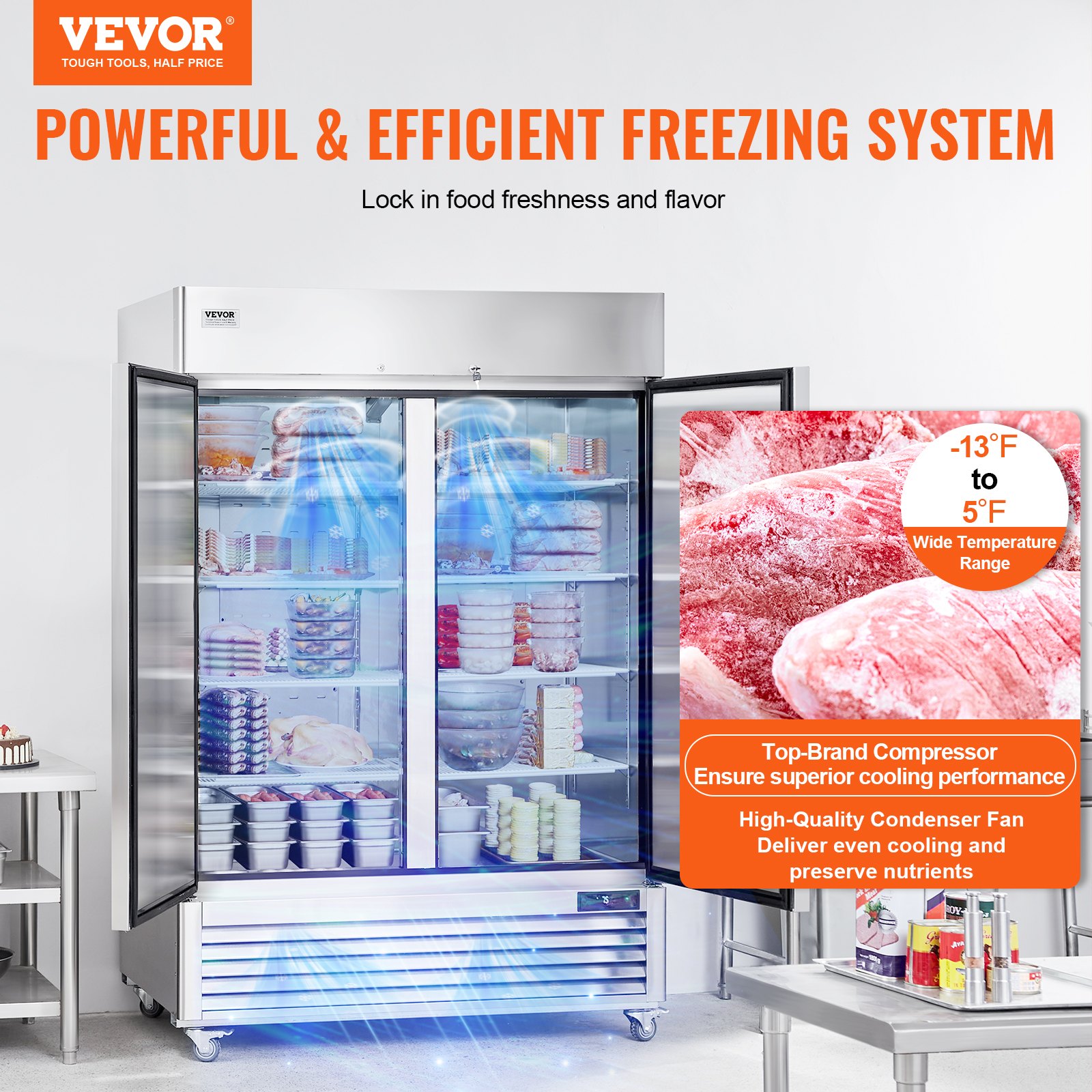 VEVOR Congelador Comercial de 1100 L, Congelador Vertical con Alcance de 2 Puertas, Congelador de Acero Inoxidable con Descongelación Automática con 6 Estantes Ajustables, -25 a -15 °C y 4 Ruedas