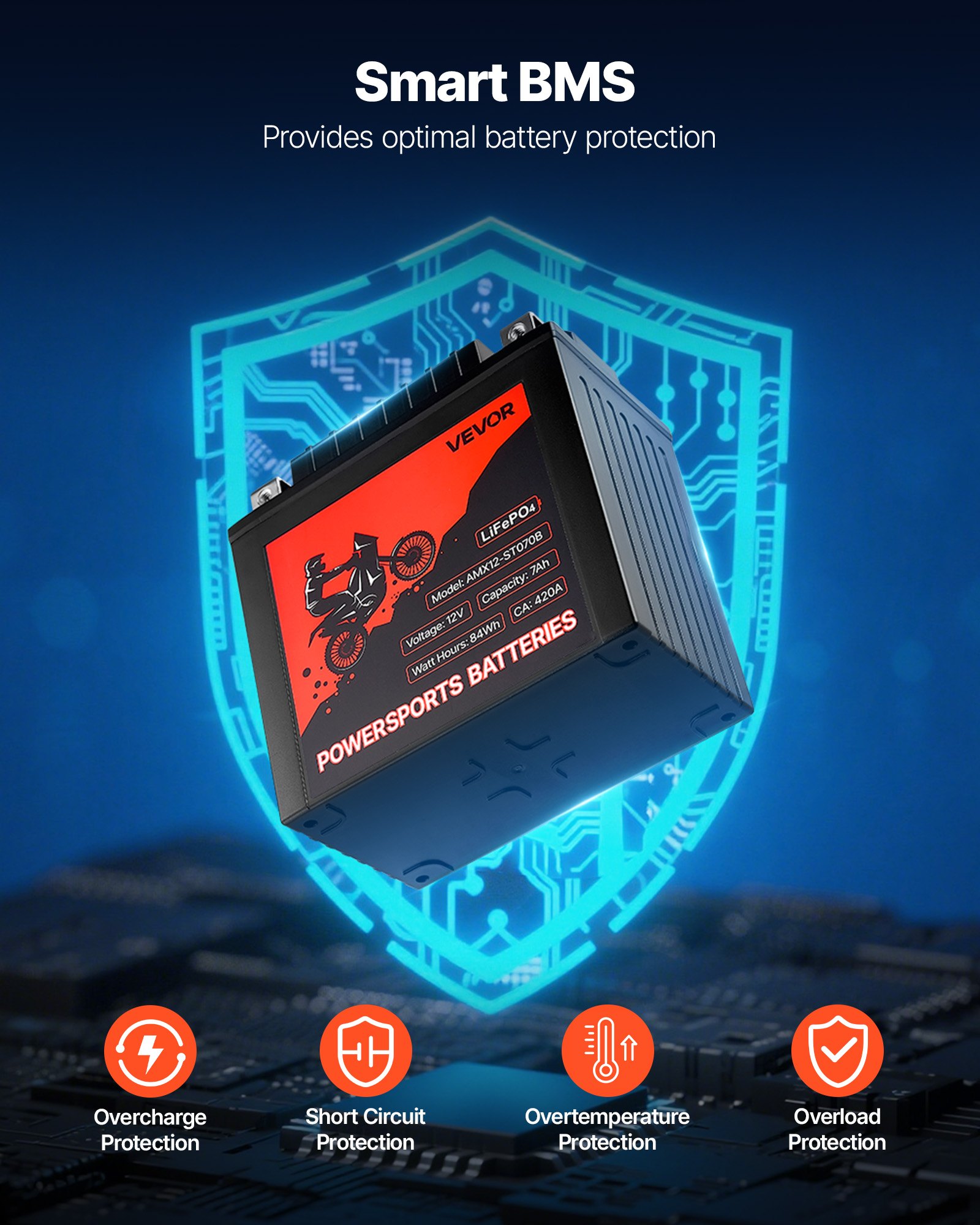 VEVOR Motorcycle Battery, 12 Volt 7Ah, LiFePO4 Lithium Pre-Charged Powersports Battery, Maintenance Free & High Performance, Compatible with ATV, Motorcycle, Jet Skis, Scooter, UTV, and More