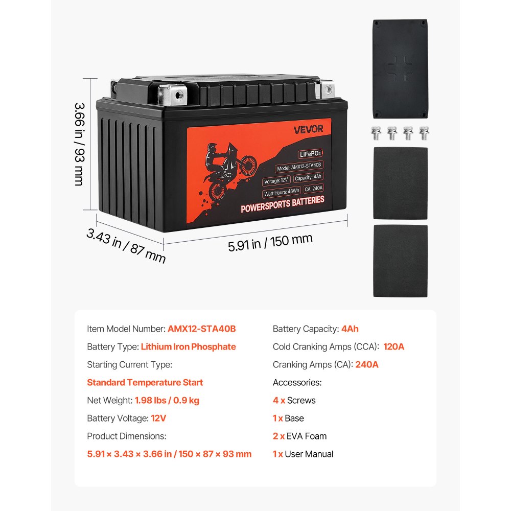 VEVOR Motorcycle Battery, 12 Volt 4Ah, LiFePO4 Lithium Pre-Charged Powersports Battery, Maintenance Free & High Performance, Compatible with ATV, Motorcycle, Jet Skis, Scooter, UTV, and More