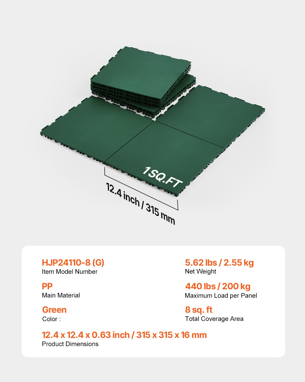 VEVOR Hockey Flooring, 315 x 315 x 16 mm, Interlocking Multi-Purpose PP Floor Tiles, 8 Pieces, Dance Floor Tiles, Hockey Training Board for Shooting, Green, 0.7 m²/Carton