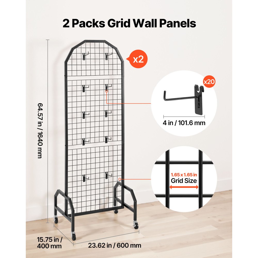 VEVOR Paneles de Pared de Rejilla, 2 Unidades, Expositor de 60 x 40 x 164 cm con Ruedas y 20 Ganchos, Estantes de Acero al Carbono, Estante para Exhibir Arte y Almacenar Decoración, Negro