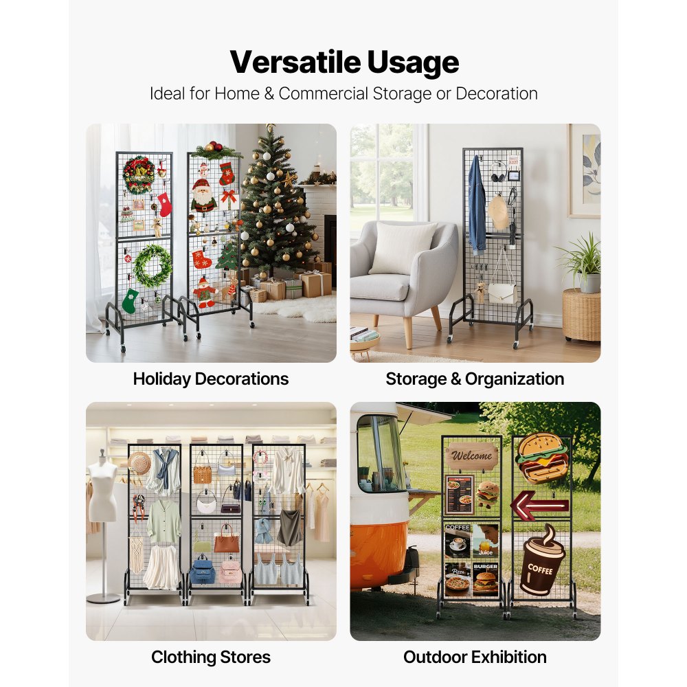 VEVOR 3 Packs Grid Wall Panels, 600 x 1640mm Wire Grid Panels Display Rack, Movable Art Display Shelf with Wheels and 30 Hooks, Black Carbon Steel Gridwall for Craft Show, Decor, Storage, Notice Board