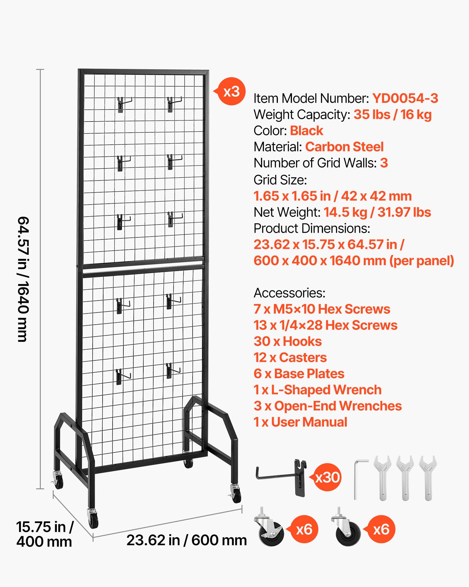 VEVOR 3 Packs Grid Wall Panels, 600 x 1640mm Wire Grid Panels Display Rack, Movable Art Display Shelf with Wheels and 30 Hooks, Black Carbon Steel Gridwall for Craft Show, Decor, Storage, Notice Board