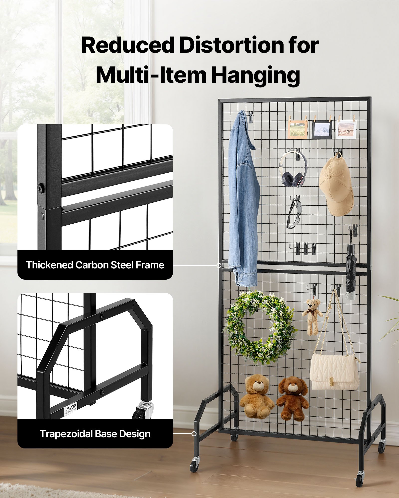VEVOR Paneles de Pared de Rejilla, 2 Unidades, Expositor enrollable 898 x 400 x 1798 mm con 20 Ganchos, Estantes de Acero al Carbono, Expositores para Decoración y Almacenamiento, Negro