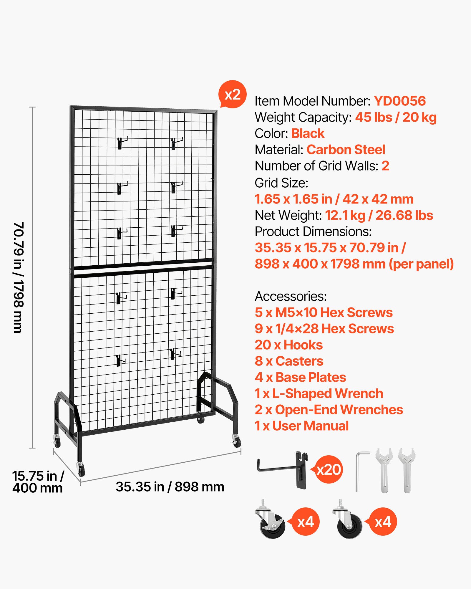 VEVOR Paneles de Pared de Rejilla, 2 Unidades, Expositor enrollable 898 x 400 x 1798 mm con 20 Ganchos, Estantes de Acero al Carbono, Expositores para Decoración y Almacenamiento, Negro