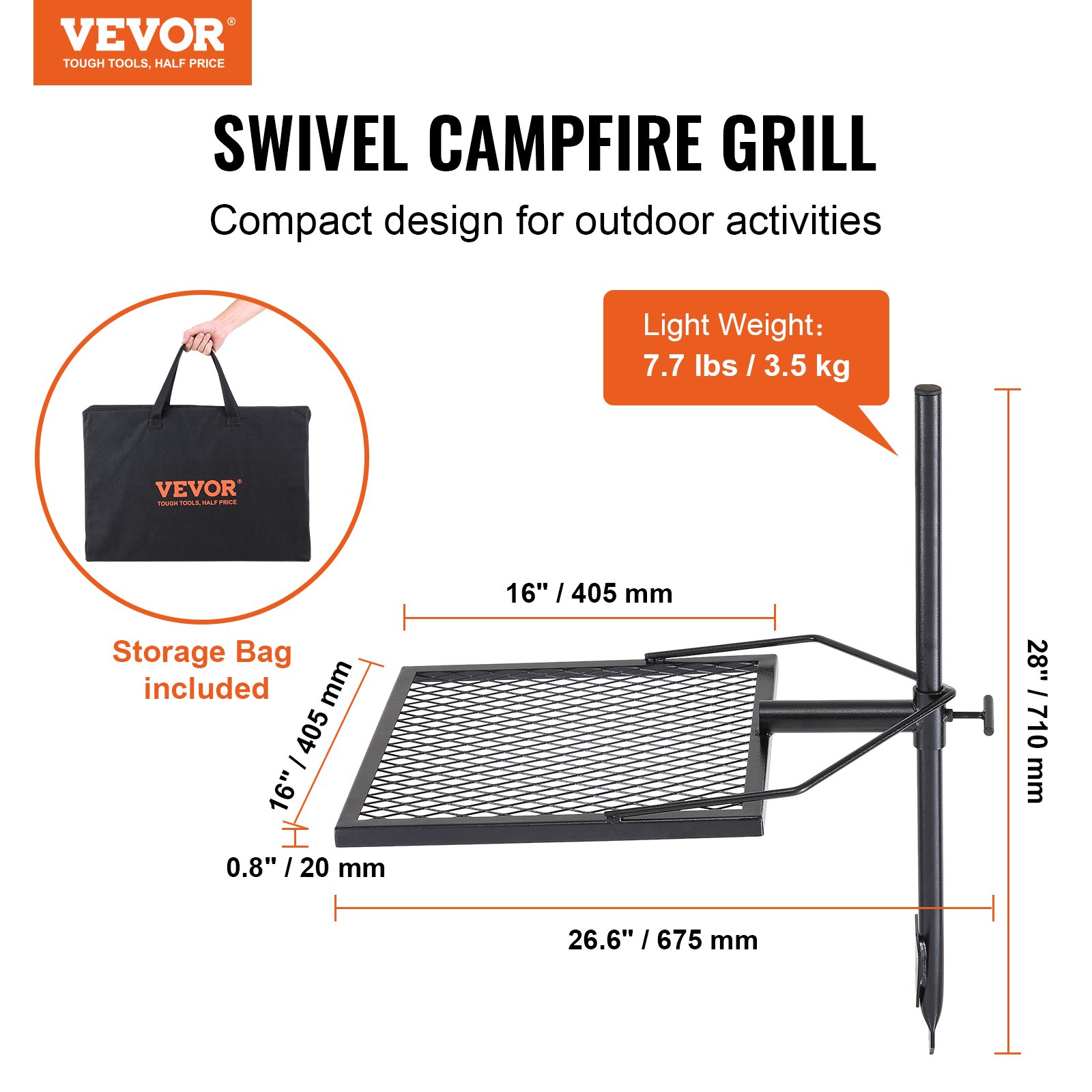 VEVOR Parrilla Giratoria para Fogatas Altura Ajustable 71cm Parrilla Portátil de Acero Malla Diamantada de 40,5x40,5 cm Capacidad de Carga de 6kg para Fogatas de Campamento para Barbacoa al Aire Libre