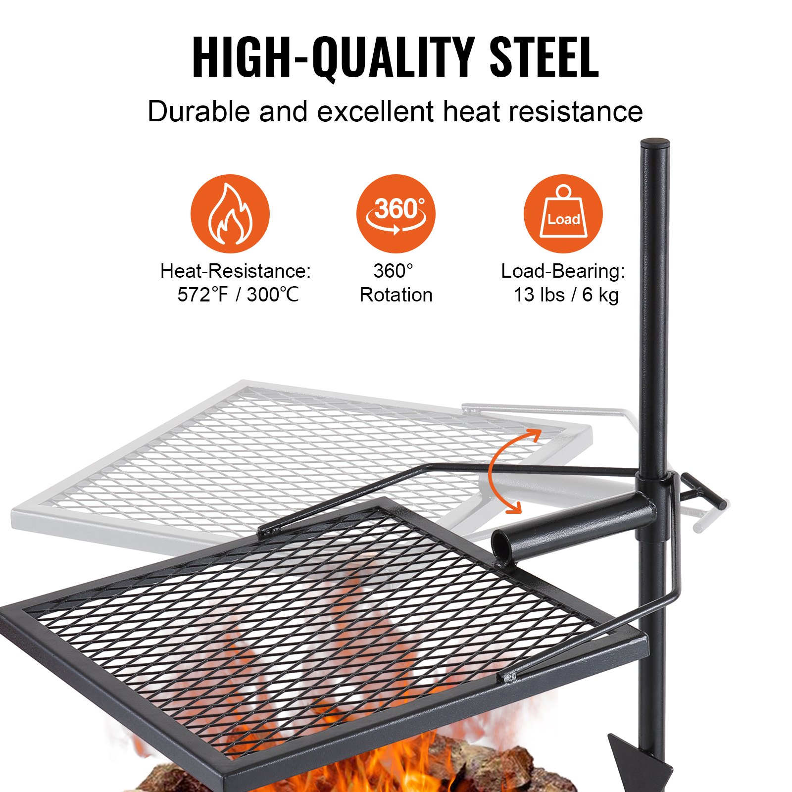 VEVOR Parrilla Giratoria para Fogatas Altura Ajustable 71cm Parrilla Portátil de Acero Malla Diamantada de 40,5x40,5 cm Capacidad de Carga de 6kg para Fogatas de Campamento para Barbacoa al Aire Libre