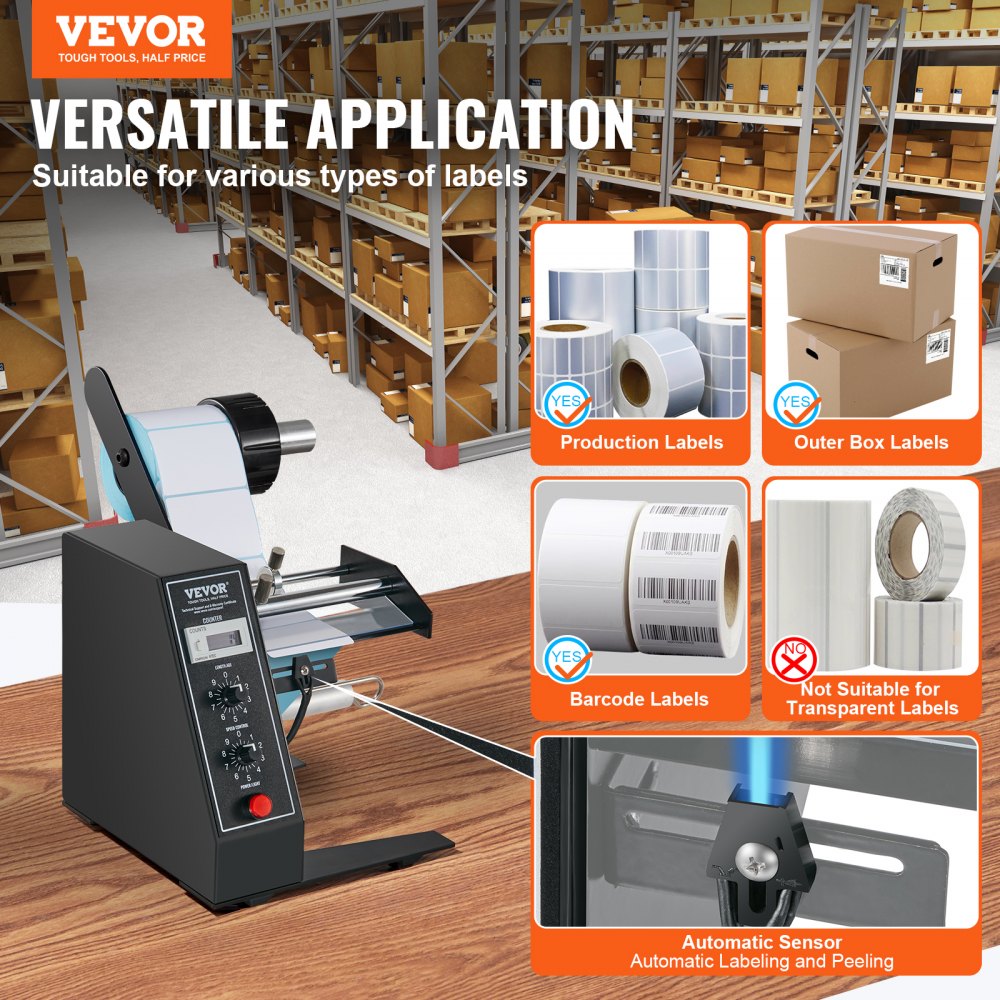 VEVOR Dispensador automático de etiquetas, 15-125 mm, largo 3-150 mm, máquina separadora automática de etiquetas, aplicador de etiquetas con velocidad ajustable, conteo automático
