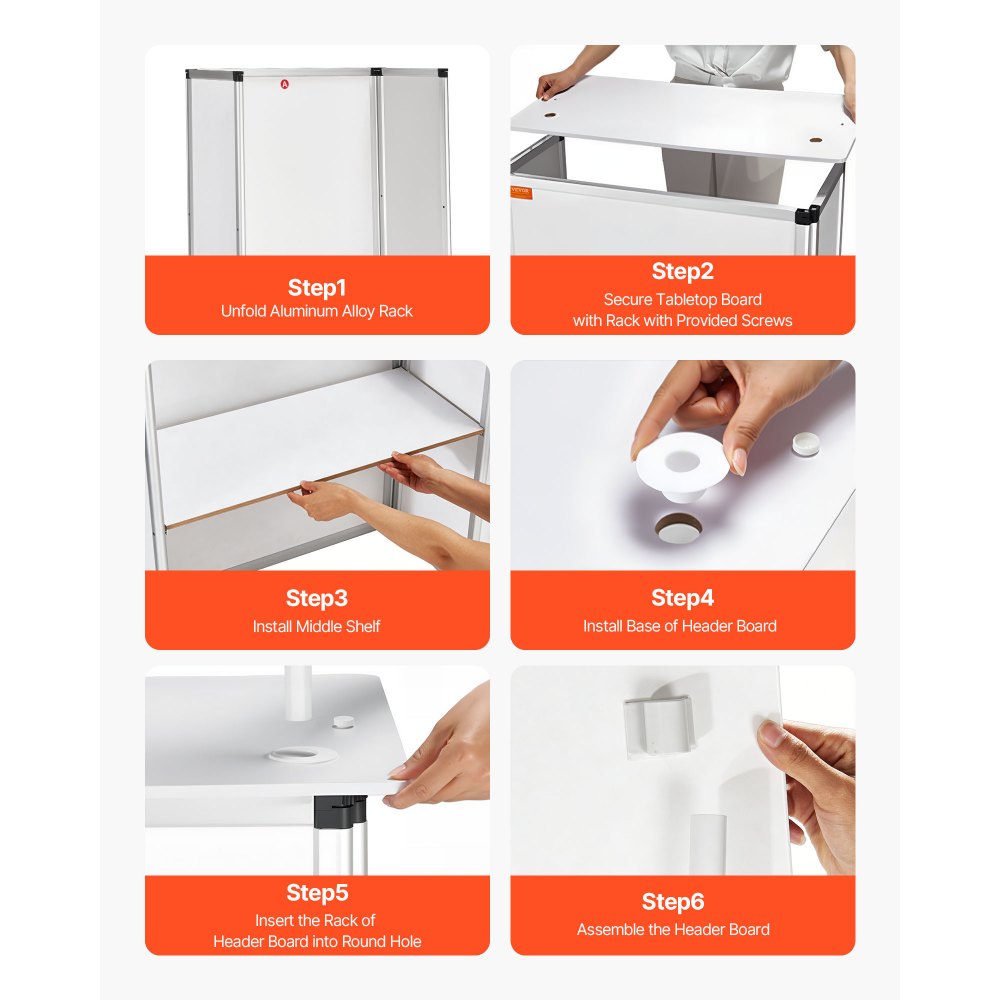 VEVOR Mostrador de Pie para ferias comerciales 785x380x1815 mm Mesa de promoción Soporte de exhibición de exposición de metal de PVC de madera con estante de almacenamiento y bolsa de transporte