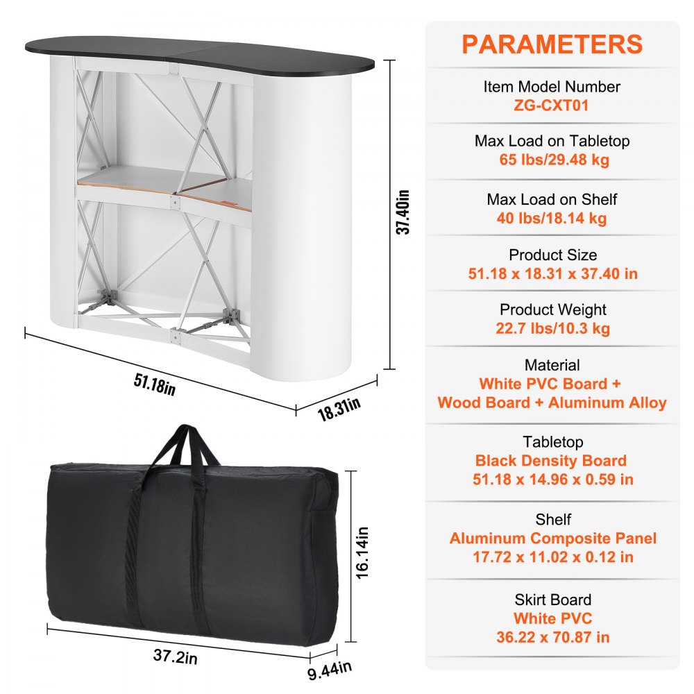 VEVOR Mostrador de Pie de Feria 130 x 46,5 x 95 cm Mostrador de Exhibición con Pared, Mesa de Bar Plegable para Promoción Minorista, Podio Emergente con Estante de Almacenamiento, Bolsa de Transporte