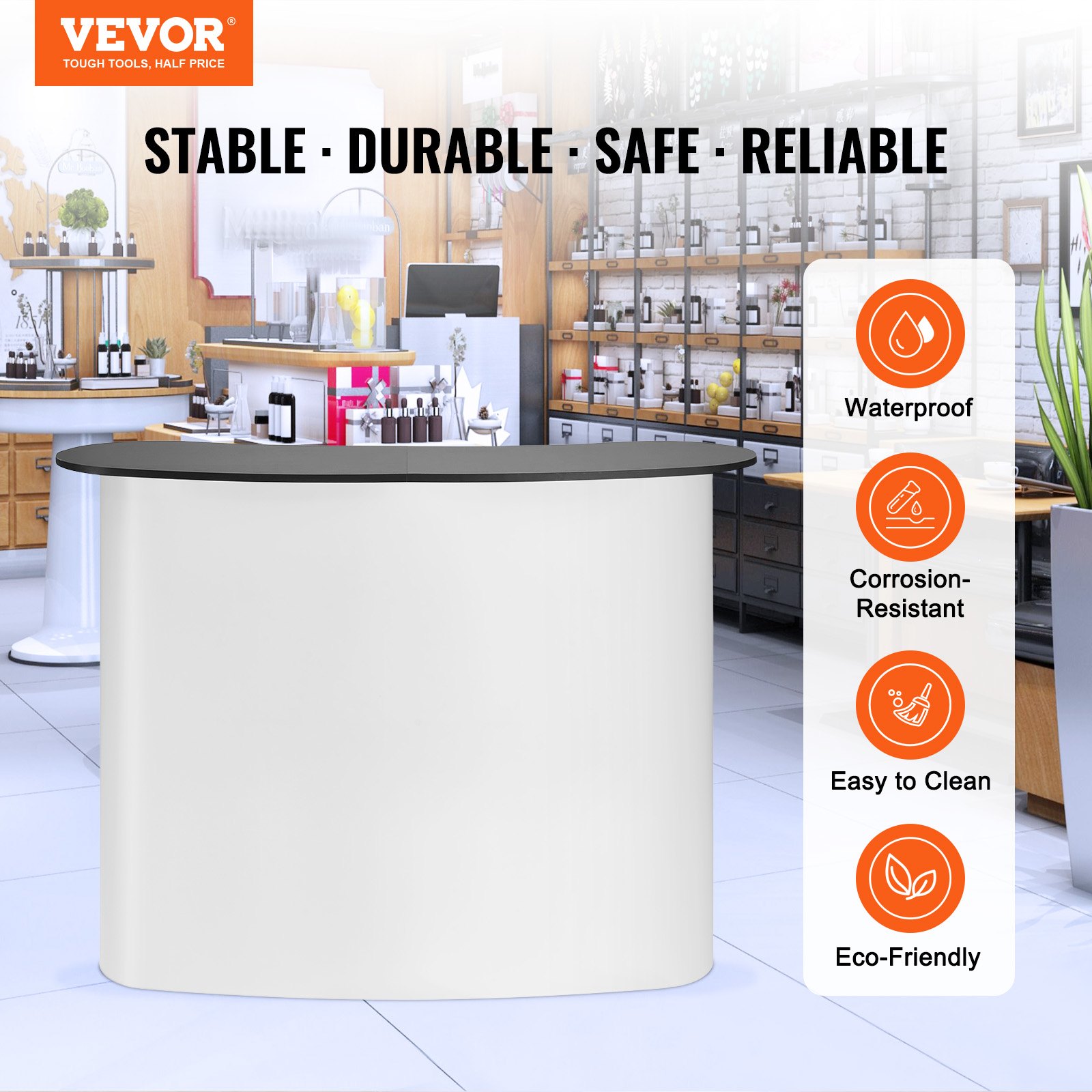 VEVOR Mostrador de Pie de Feria 130 x 46,5 x 95 cm Mostrador de Exhibición con Pared, Mesa de Bar Plegable para Promoción Minorista, Podio Emergente con Estante de Almacenamiento, Bolsa de Transporte