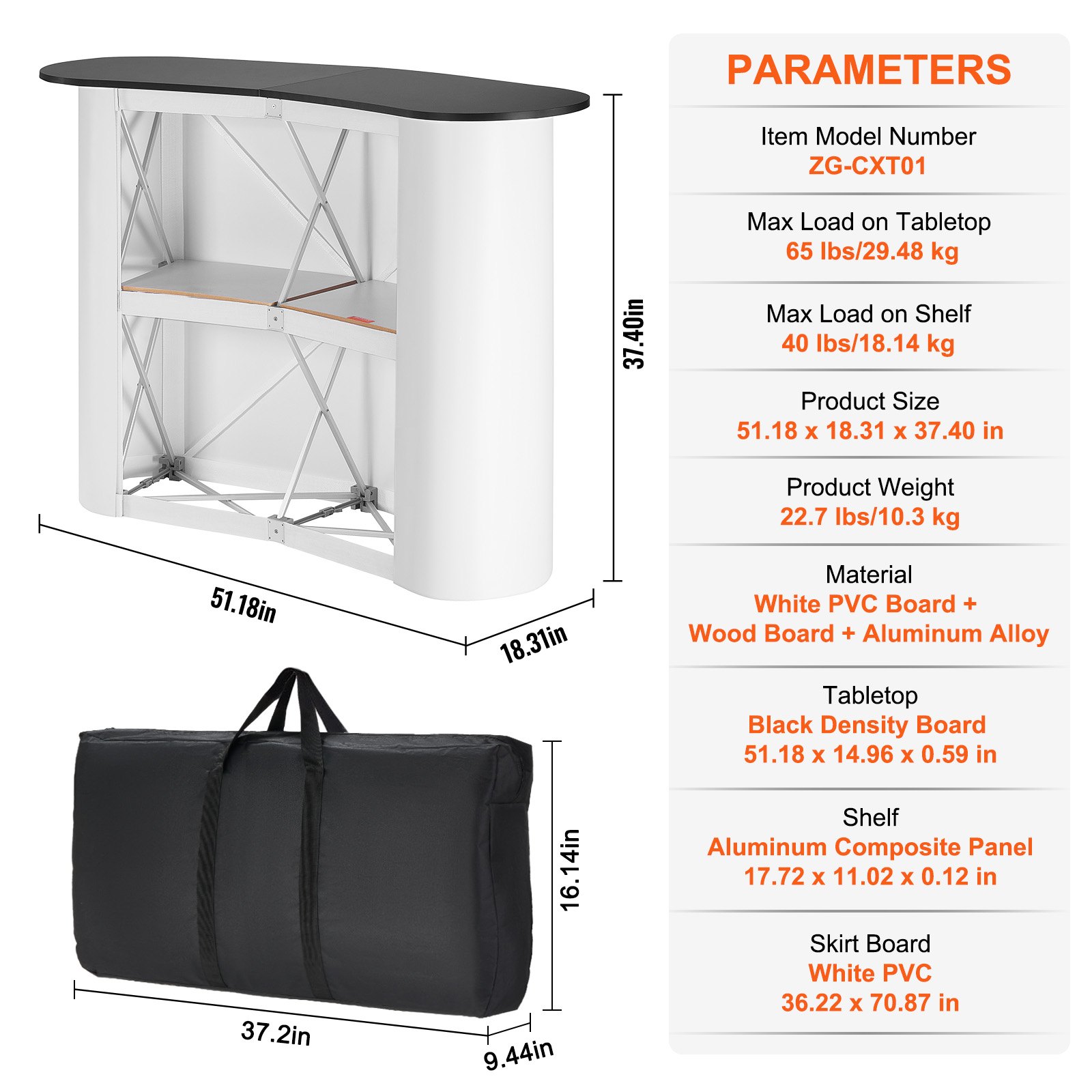 VEVOR Mostrador de Pie de Feria 130 x 46,5 x 95 cm Mostrador de Exhibición con Pared, Mesa de Bar Plegable para Promoción Minorista, Podio Emergente con Estante de Almacenamiento, Bolsa de Transporte