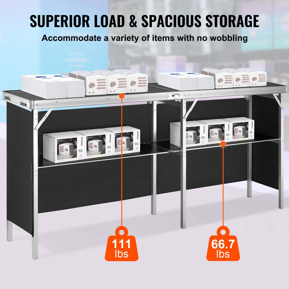 VEVOR Mostrador para stand de feria, mesa de bar plegable portátil extralarga de 195x38,5x88 cm con bolsa de transporte, estante de almacenamiento y falda negra para fiestas, pícnic, exposiciones