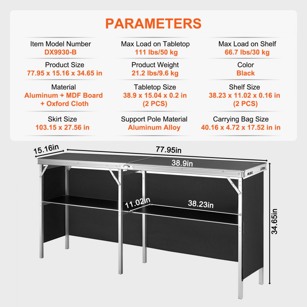 VEVOR Mostrador para stand de feria, mesa de bar plegable portátil extralarga de 195x38,5x88 cm con bolsa de transporte, estante de almacenamiento y falda negra para fiestas, pícnic, exposiciones