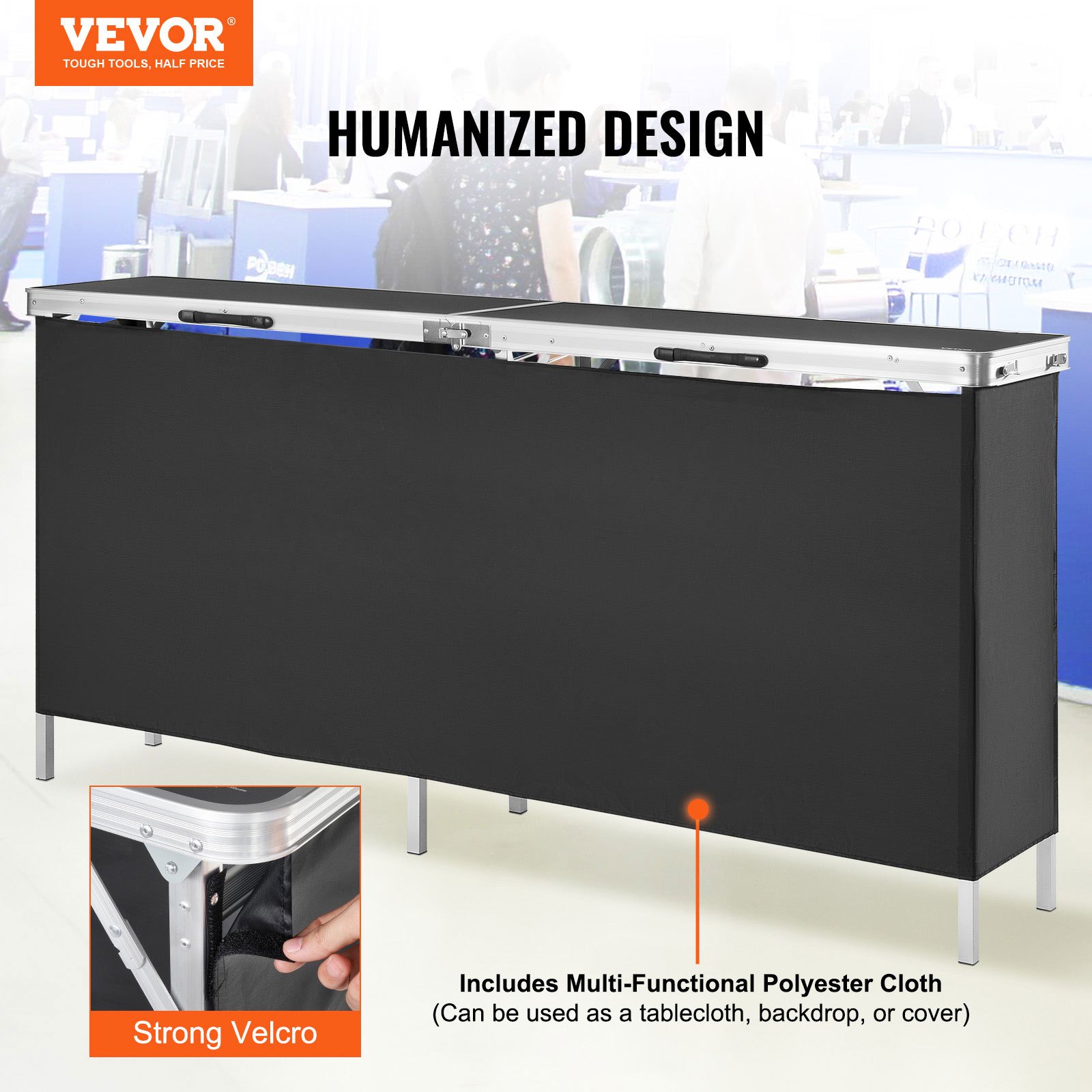 VEVOR Mostrador para stand de feria, mesa de bar plegable portátil extralarga de 195x38,5x88 cm con bolsa de transporte, estante de almacenamiento y falda negra para fiestas, pícnic, exposiciones